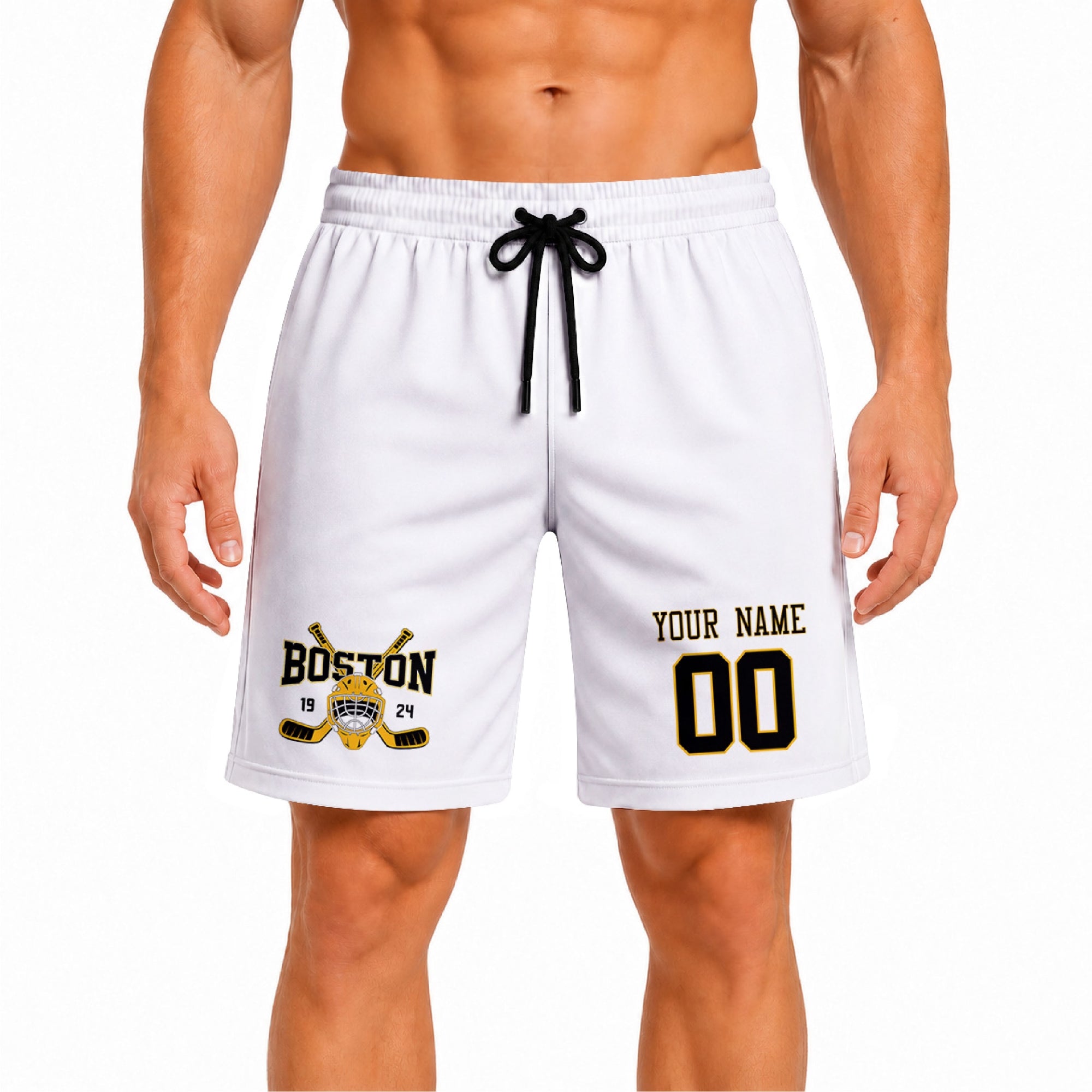 White Boston-inspired hockey athletic shorts front view worn by male model, showcasing custom name, number, and team graphic