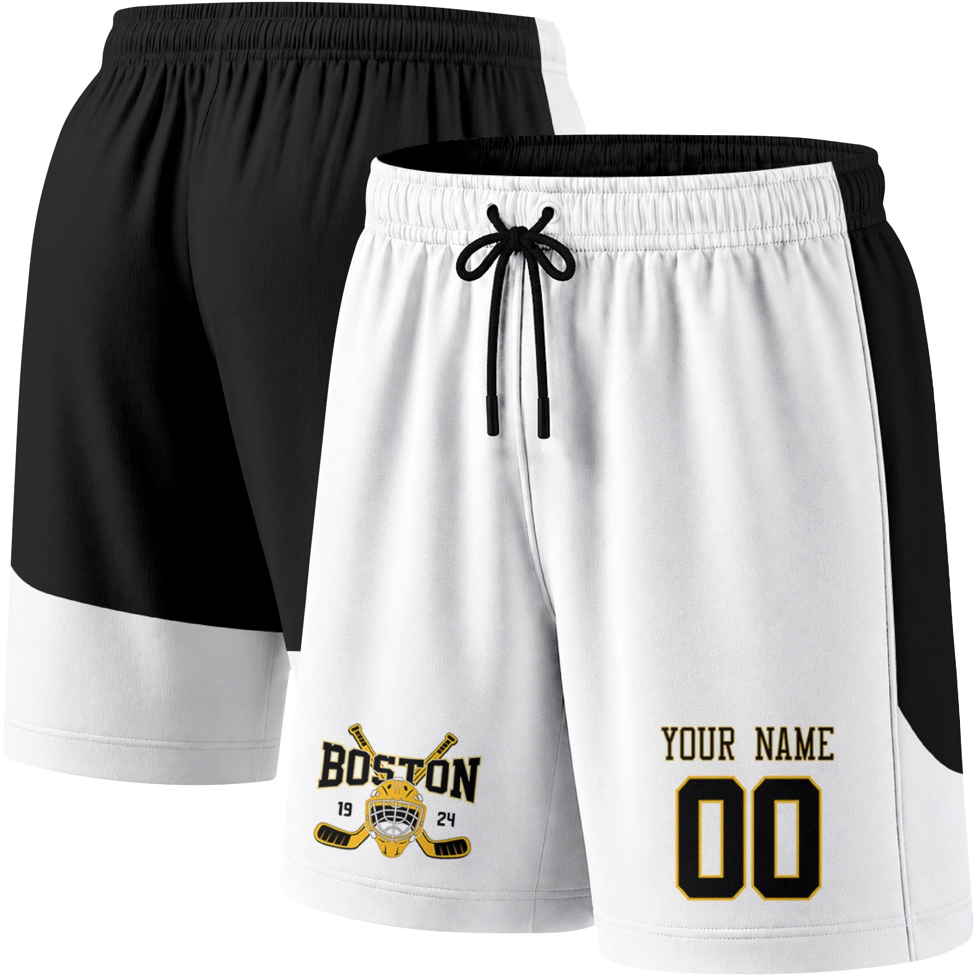 White color variation hockey athletic shorts shown from front and back angle with elastic waistband and drawstring detail