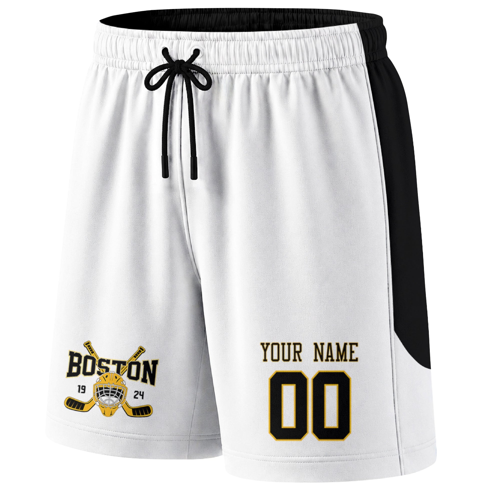 White Boston-inspired hockey shorts front view with custom name and number print and hockey logo graphic