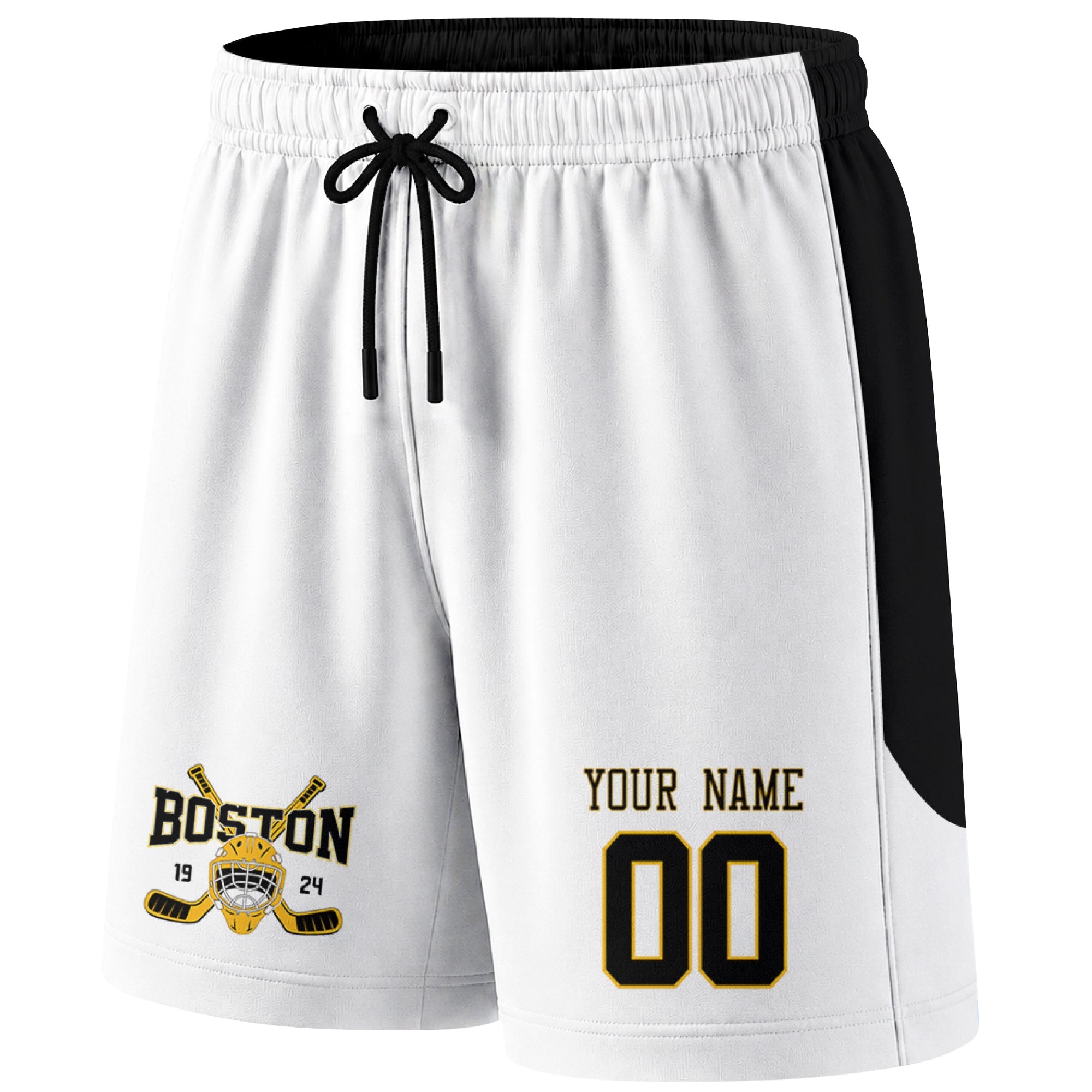 White Boston-inspired hockey shorts front view with custom name and number print and hockey logo graphic