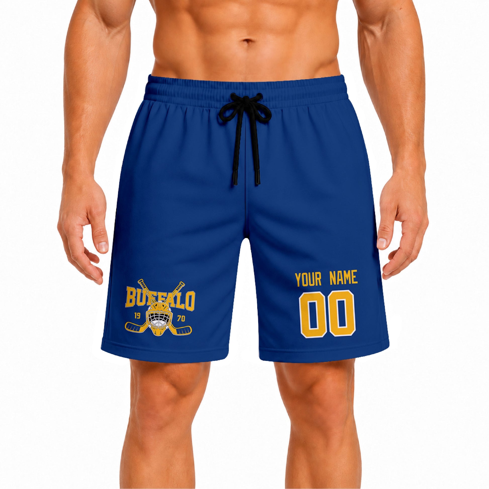Royal Buffalo-inspired hockey athletic shorts front view worn by male model, showcasing custom name, number, and team graphic