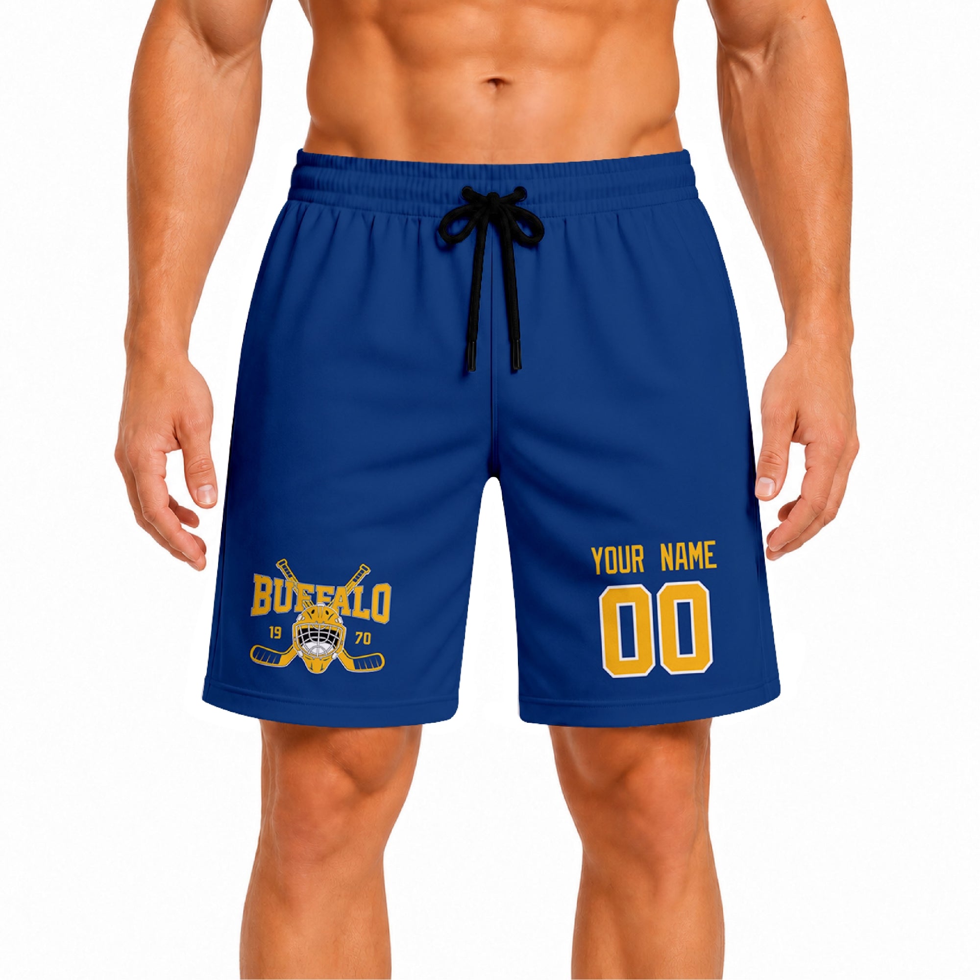 Royal Buffalo-inspired hockey athletic shorts front view worn by male model, showcasing custom name, number, and team graphic