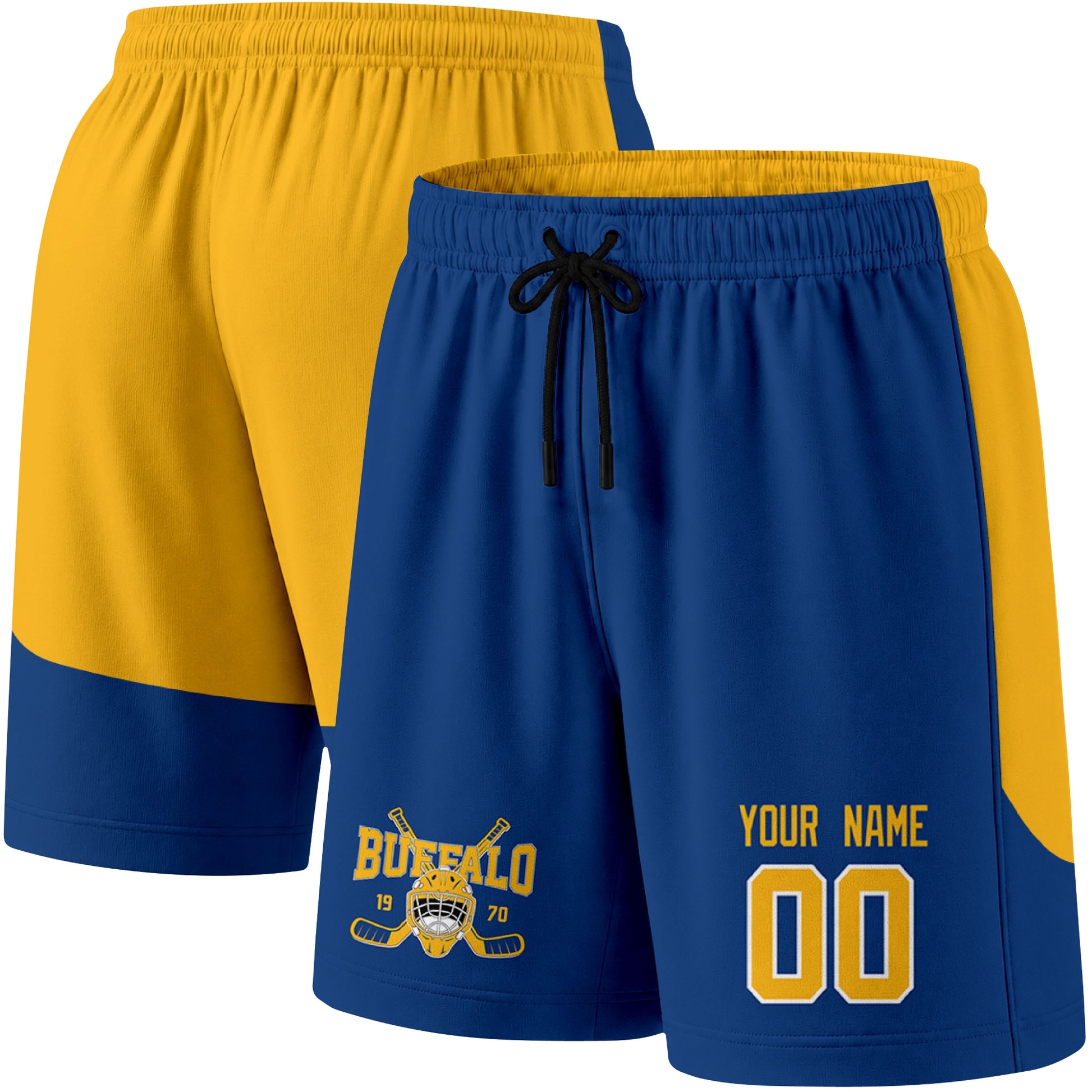 Royal color variation hockey athletic shorts shown from front and back angle with elastic waistband and drawstring detail