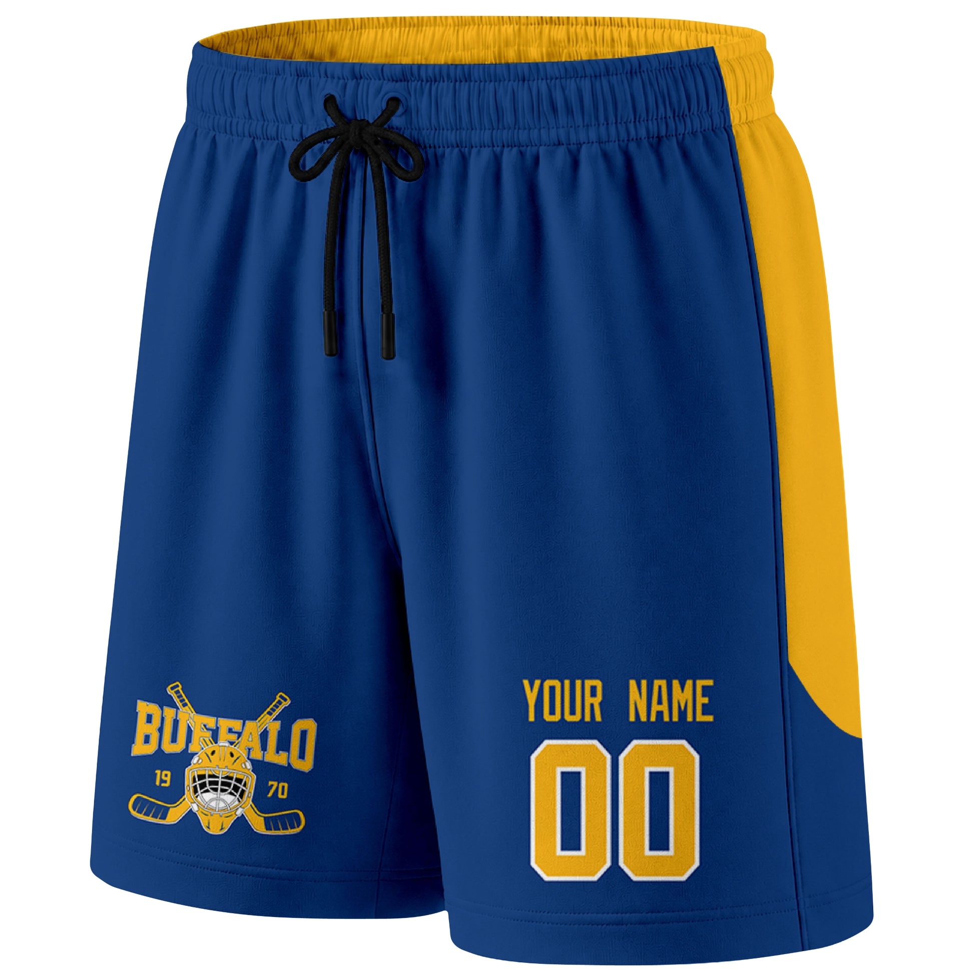 Royal Buffalo-inspired hockey shorts front view with custom name and number print and hockey logo graphic