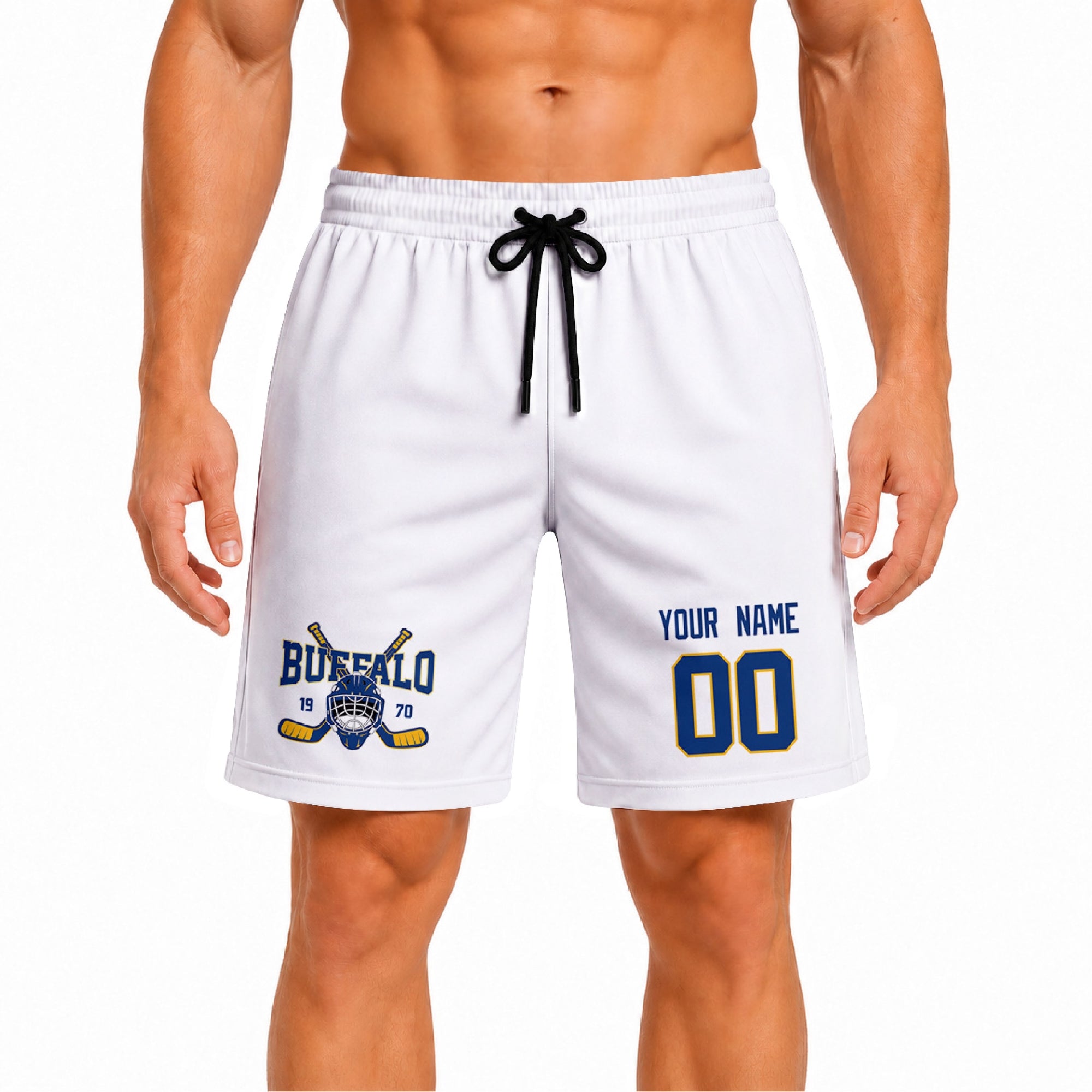 White Buffalo-inspired hockey athletic shorts front view worn by male model, showcasing custom name, number, and team graphic