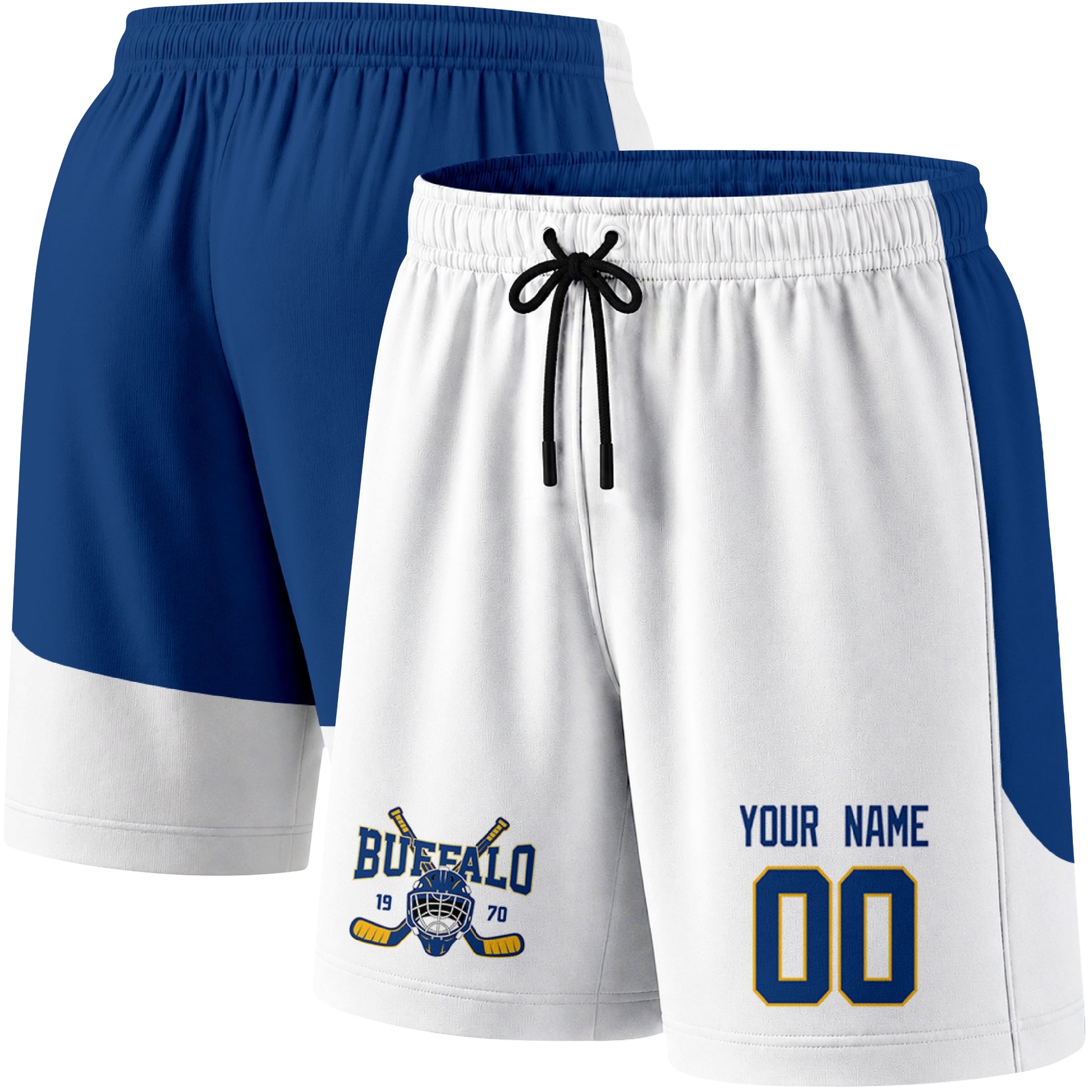 White color variation hockey athletic shorts shown from front and back angle with elastic waistband and drawstring detail