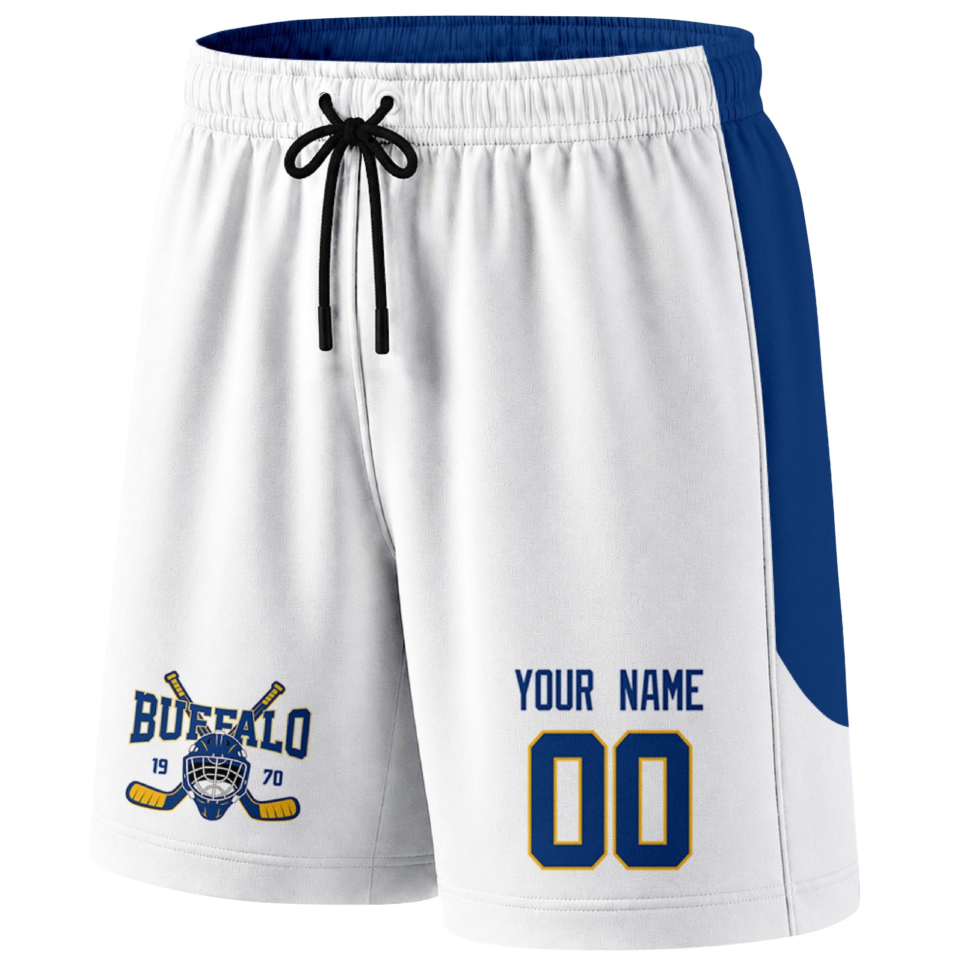 White Buffalo-inspired hockey shorts front view with custom name and number print and hockey logo graphic