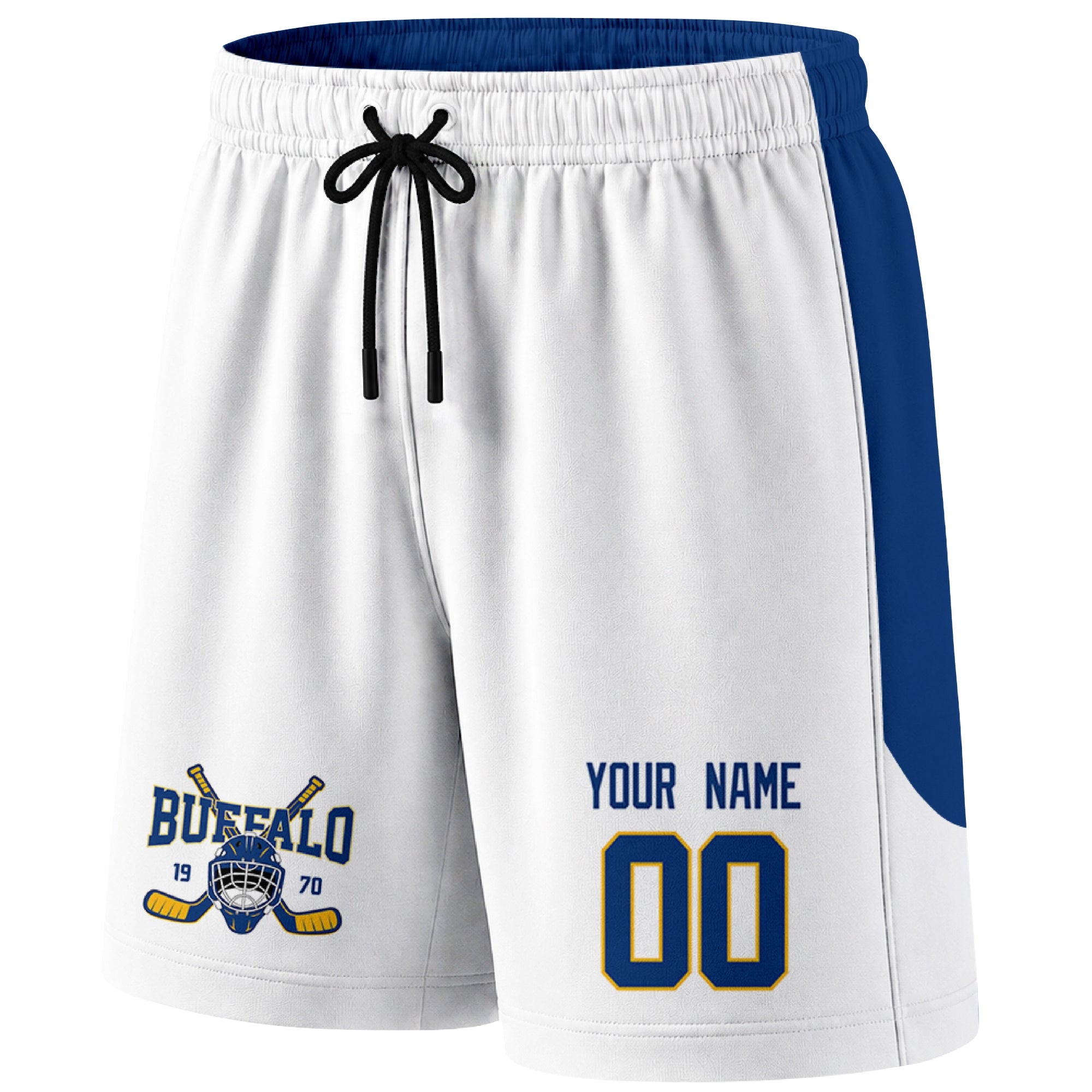 White Buffalo-inspired hockey shorts front view with custom name and number print and hockey logo graphic
