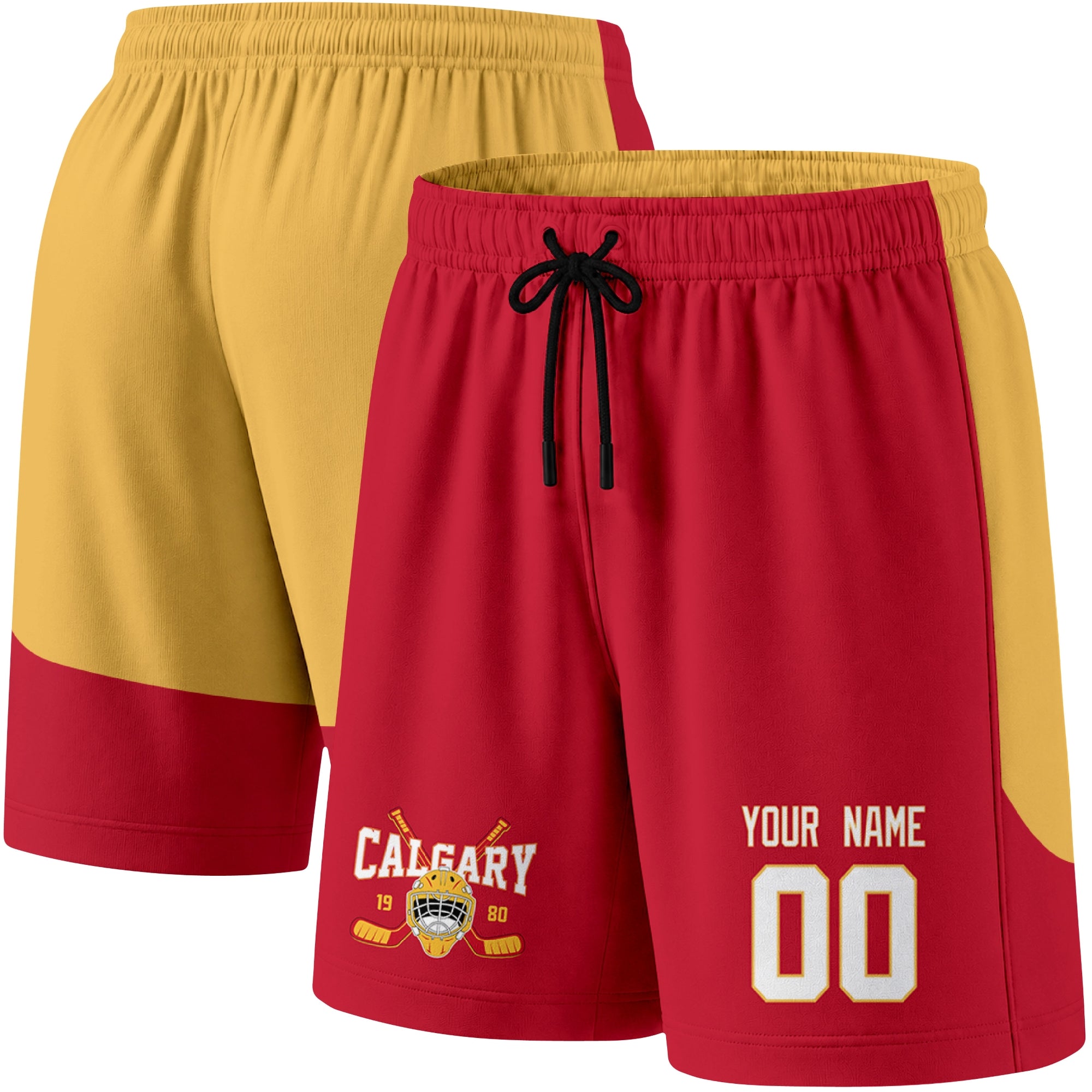 Red color variation hockey athletic shorts shown from front and back angle with elastic waistband and drawstring detail
