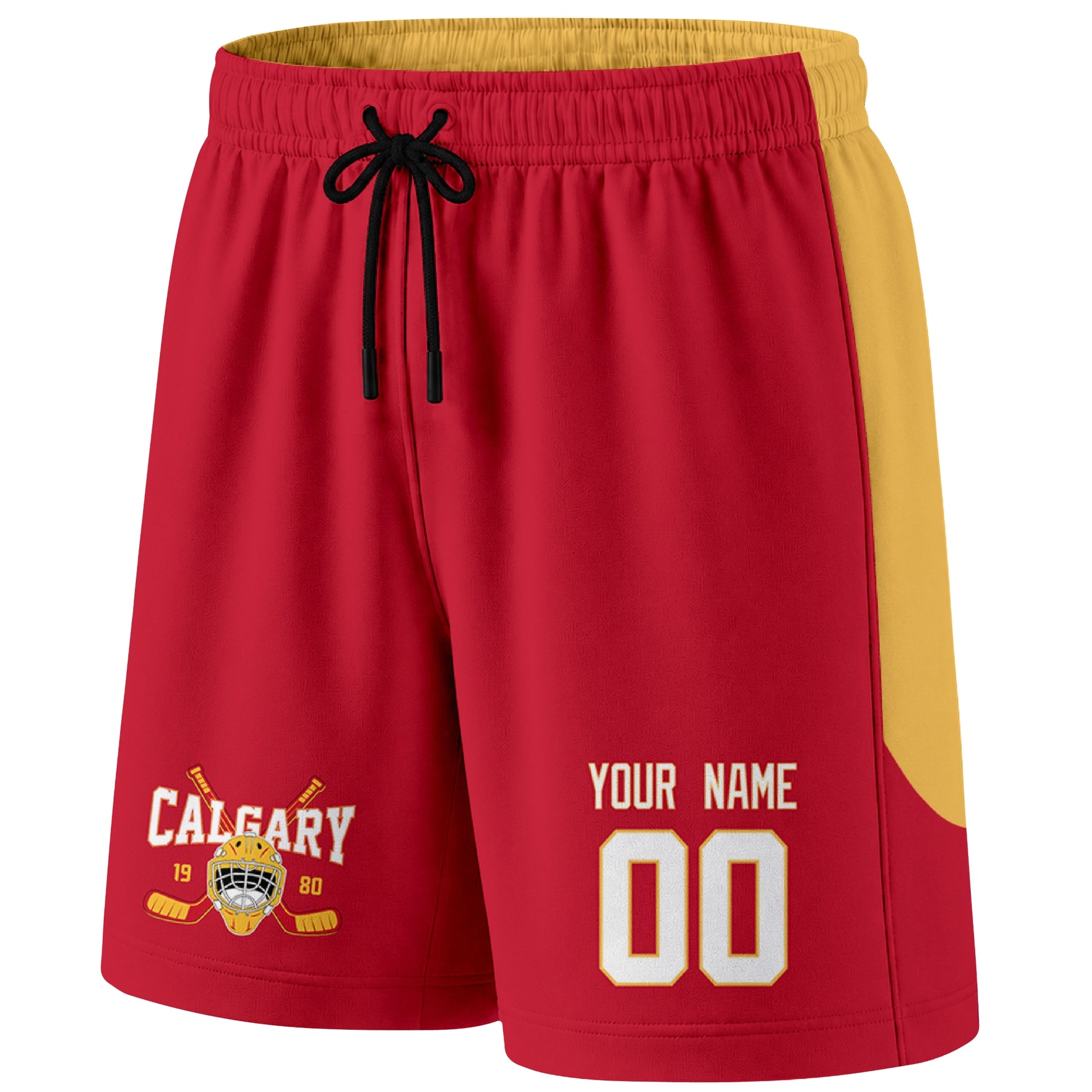 Red Calgary-inspired hockey shorts front view with custom name and number print and hockey logo graphic