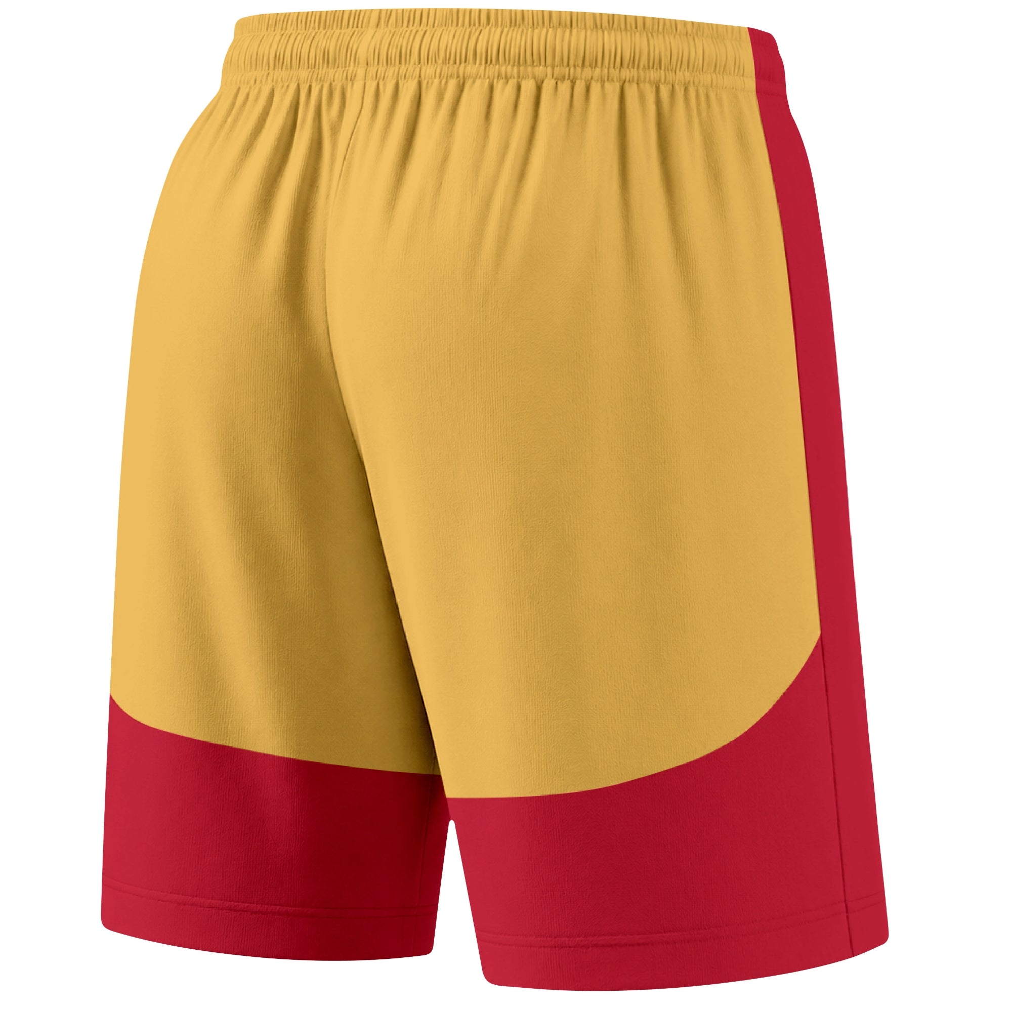 Red color block hockey athletic shorts back and angled view highlighting breathable fabric and athletic fit design