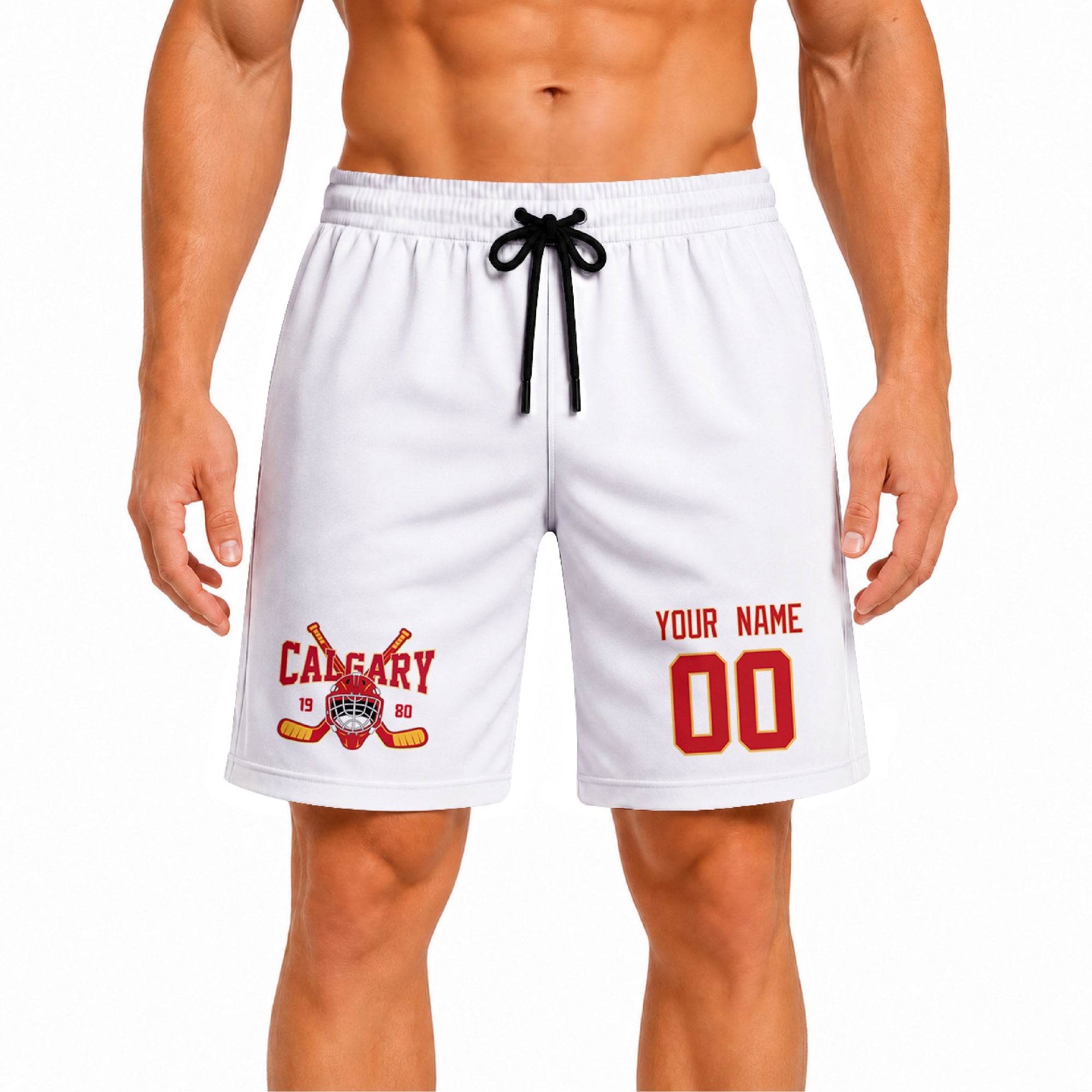White Calgary-inspired hockey athletic shorts front view worn by male model, showcasing custom name, number, and team graphic