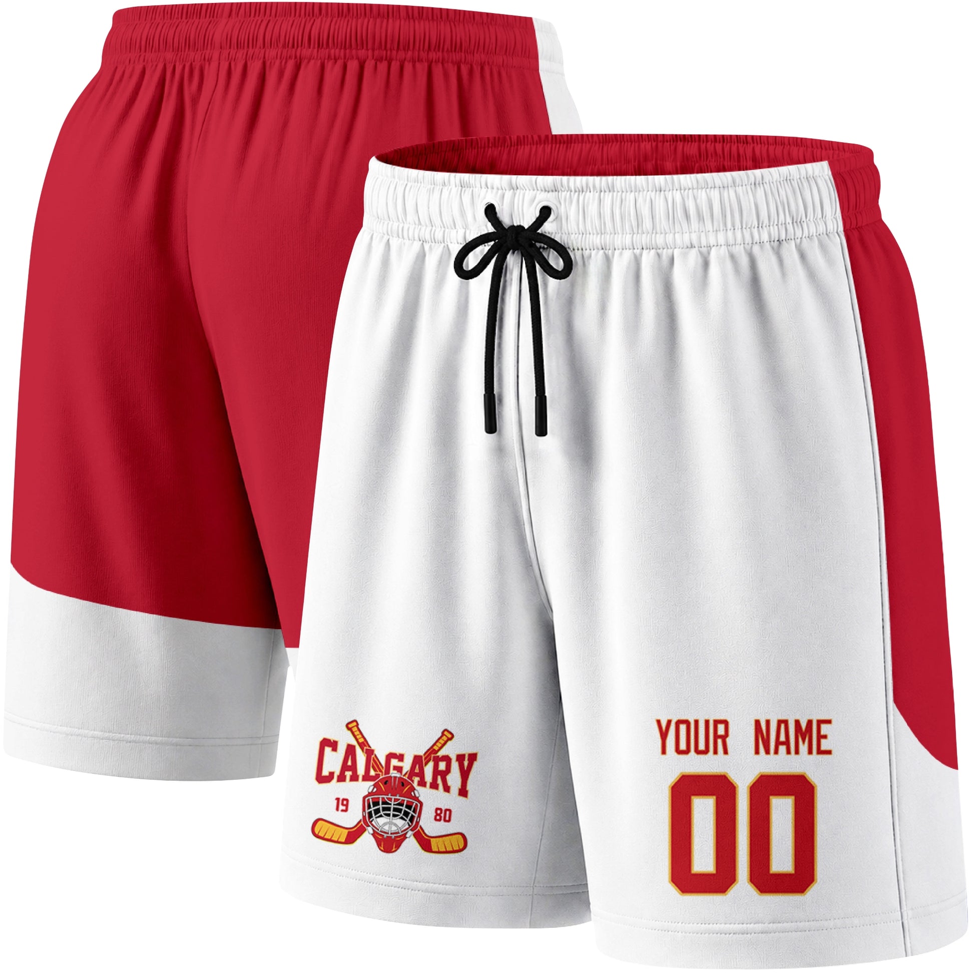 White color variation hockey athletic shorts shown from front and back angle with elastic waistband and drawstring detail