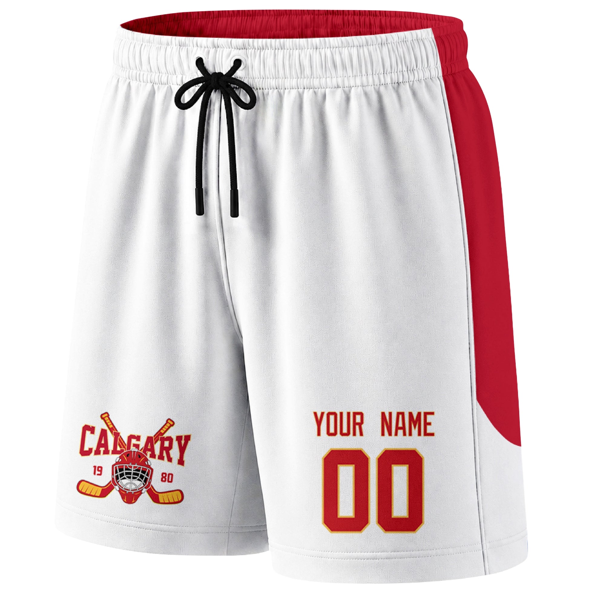 White Calgary-inspired hockey shorts front view with custom name and number print and hockey logo graphic