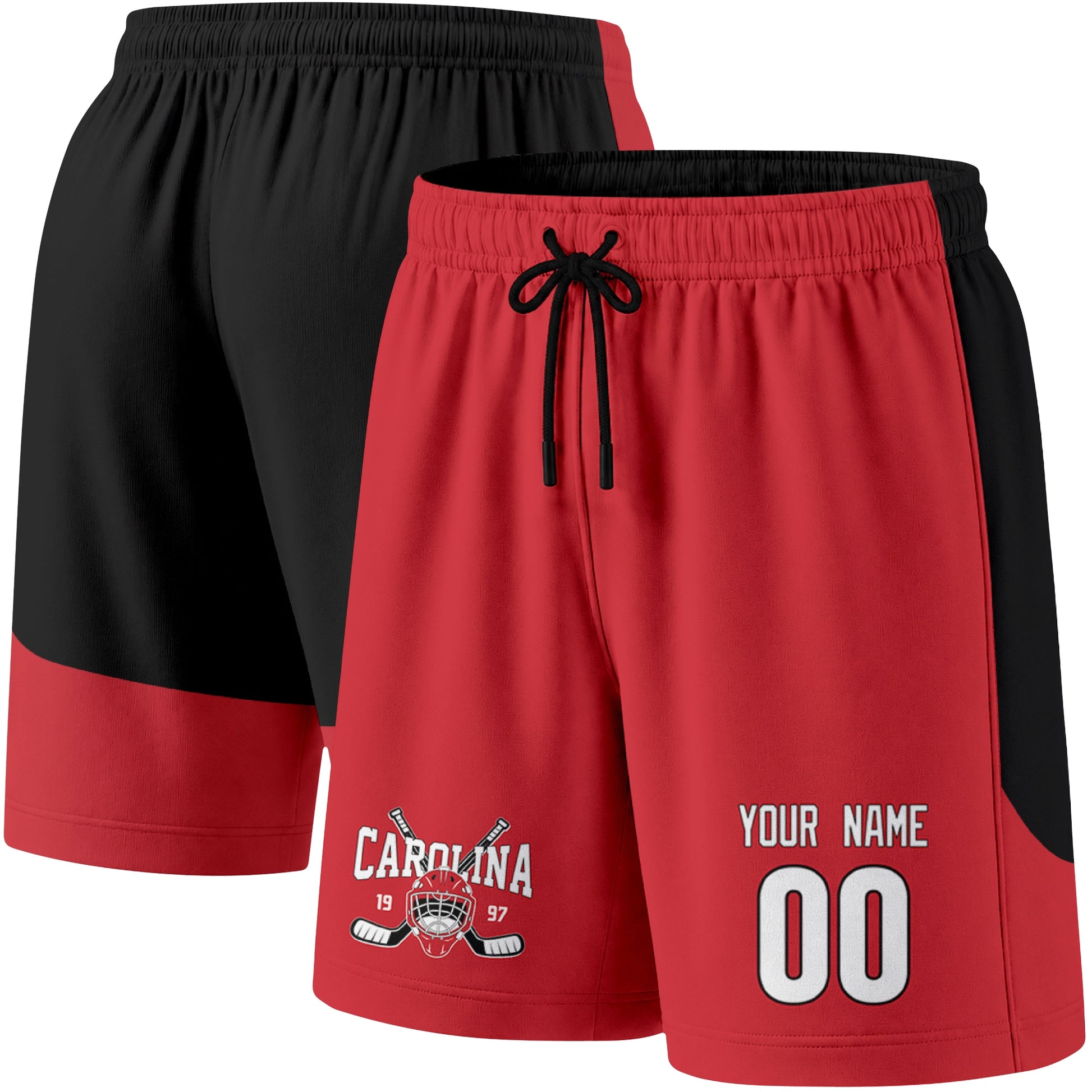 Red color variation hockey athletic shorts shown from front and back angle with elastic waistband and drawstring detail