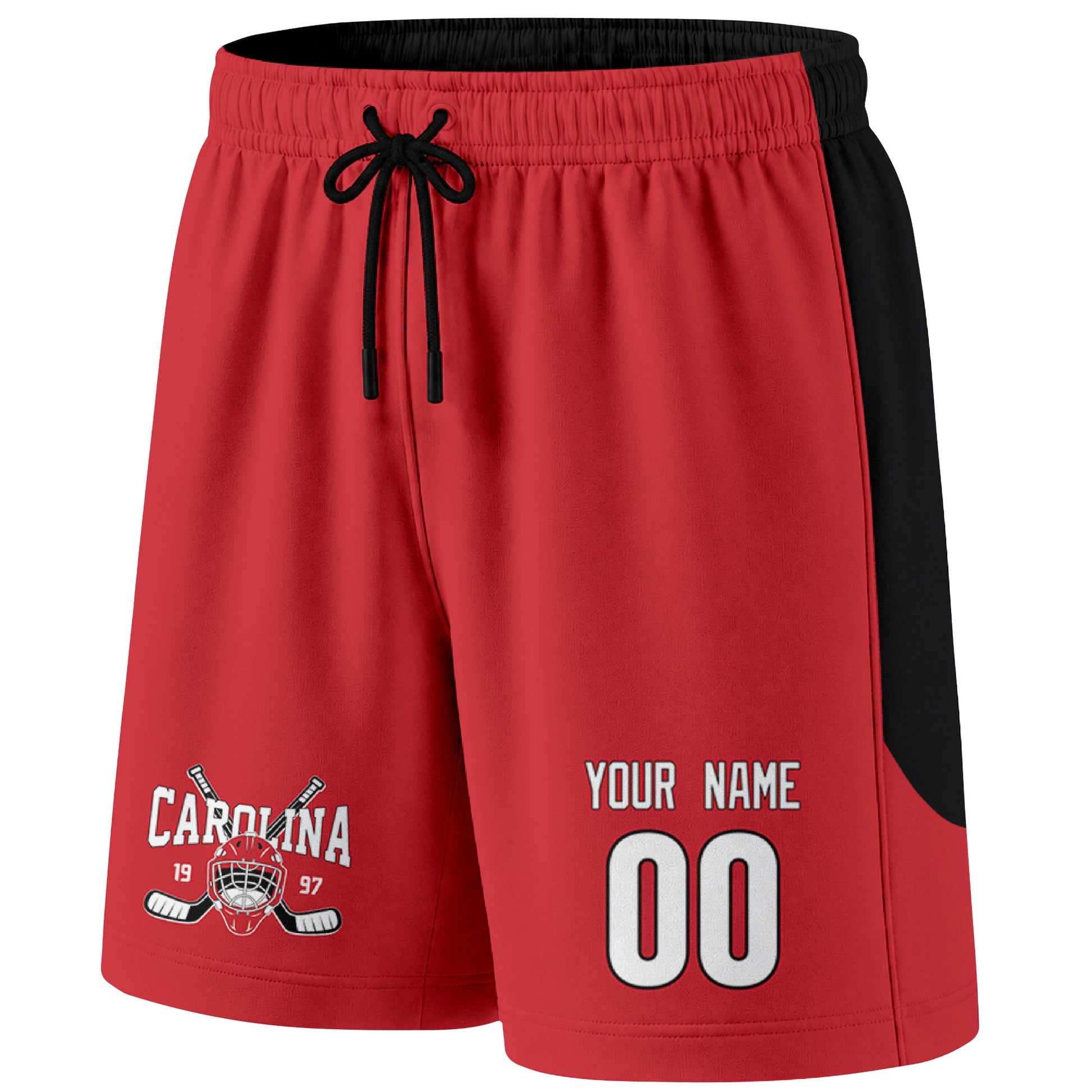 Red Carolina-inspired hockey shorts front view with custom name and number print and hockey logo graphic
