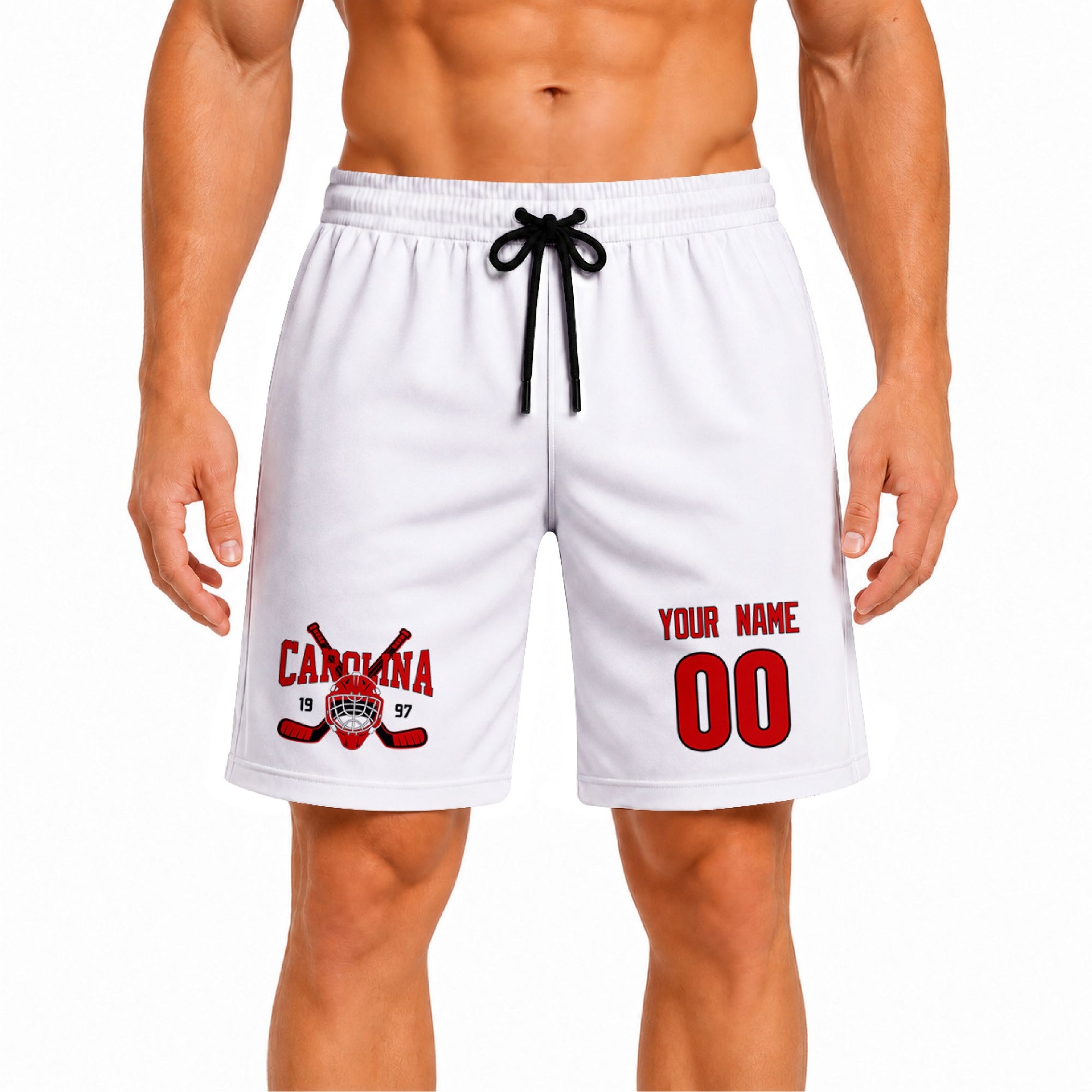 White Carolina-inspired hockey athletic shorts front view worn by male model, showcasing custom name, number, and team graphic