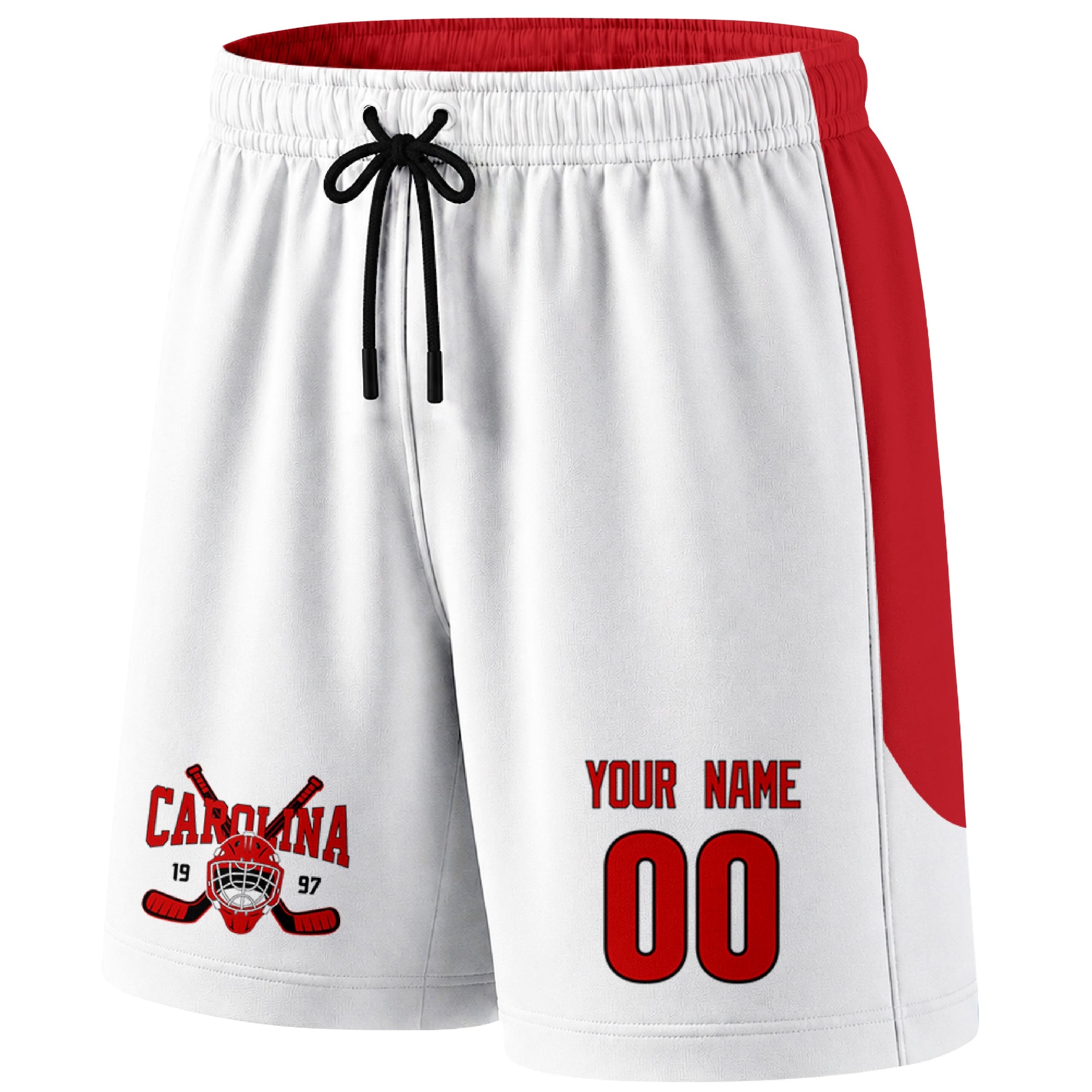 White Carolina-inspired hockey shorts front view with custom name and number print and hockey logo graphic