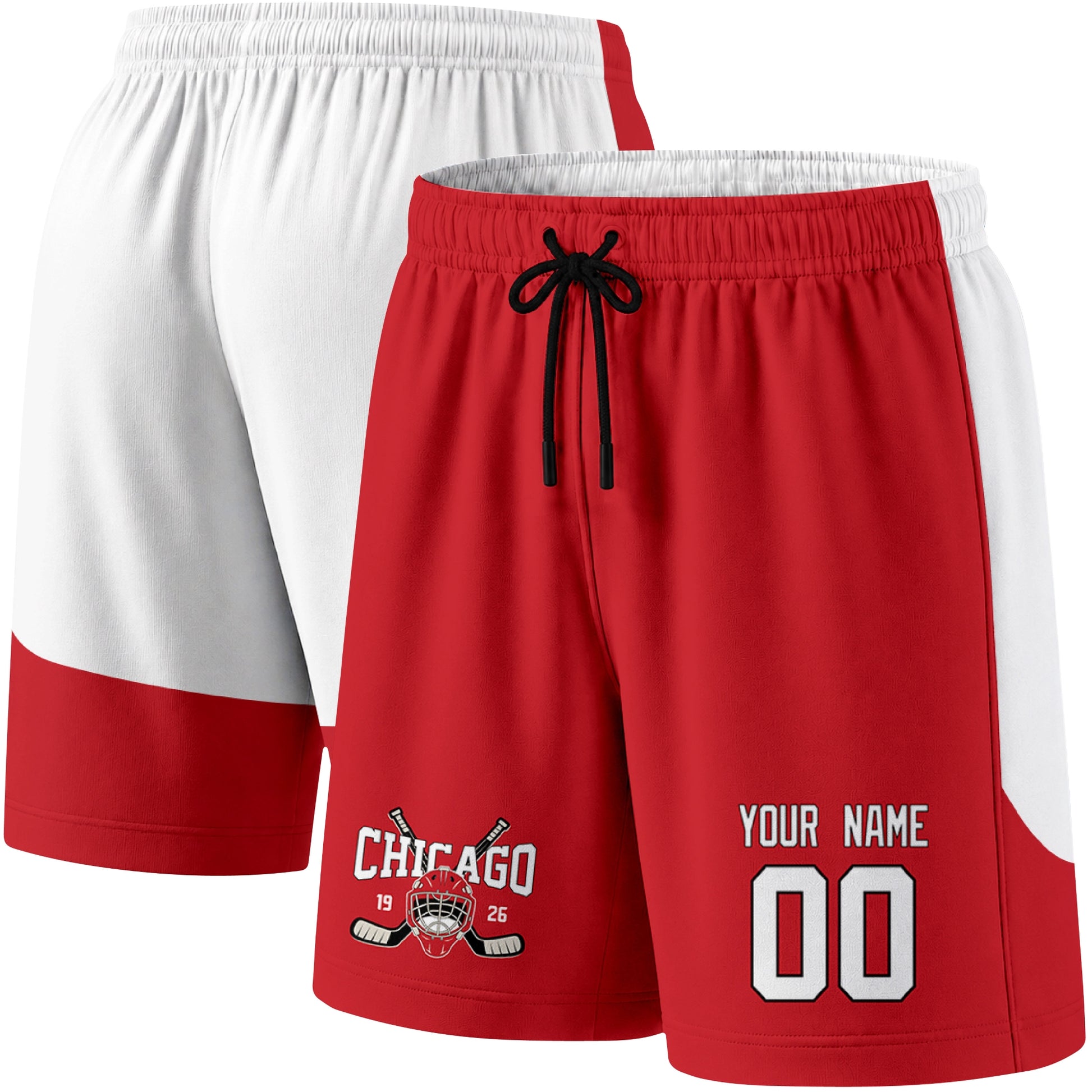 Red color variation hockey athletic shorts shown from front and back angle with elastic waistband and drawstring detail