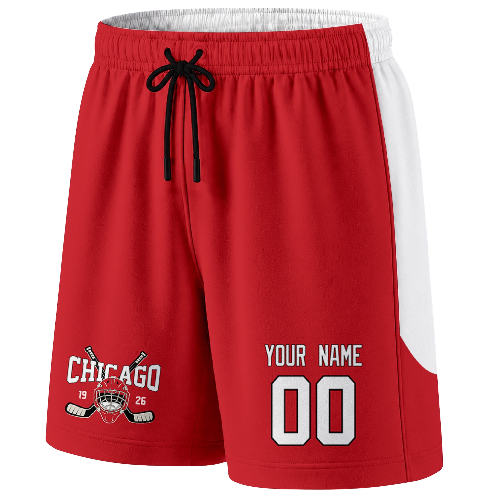 Red Chicago-inspired hockey shorts front view with custom name and number print and hockey logo graphic