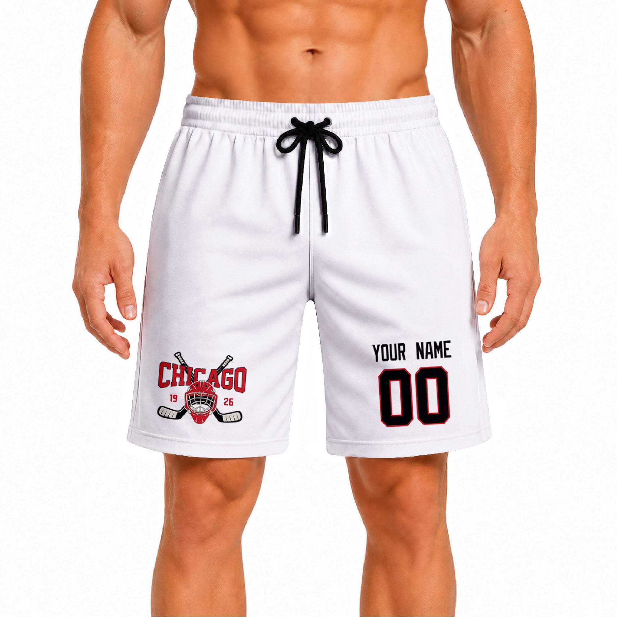 White Chicago-inspired hockey athletic shorts front view worn by male model, showcasing custom name, number, and team graphic