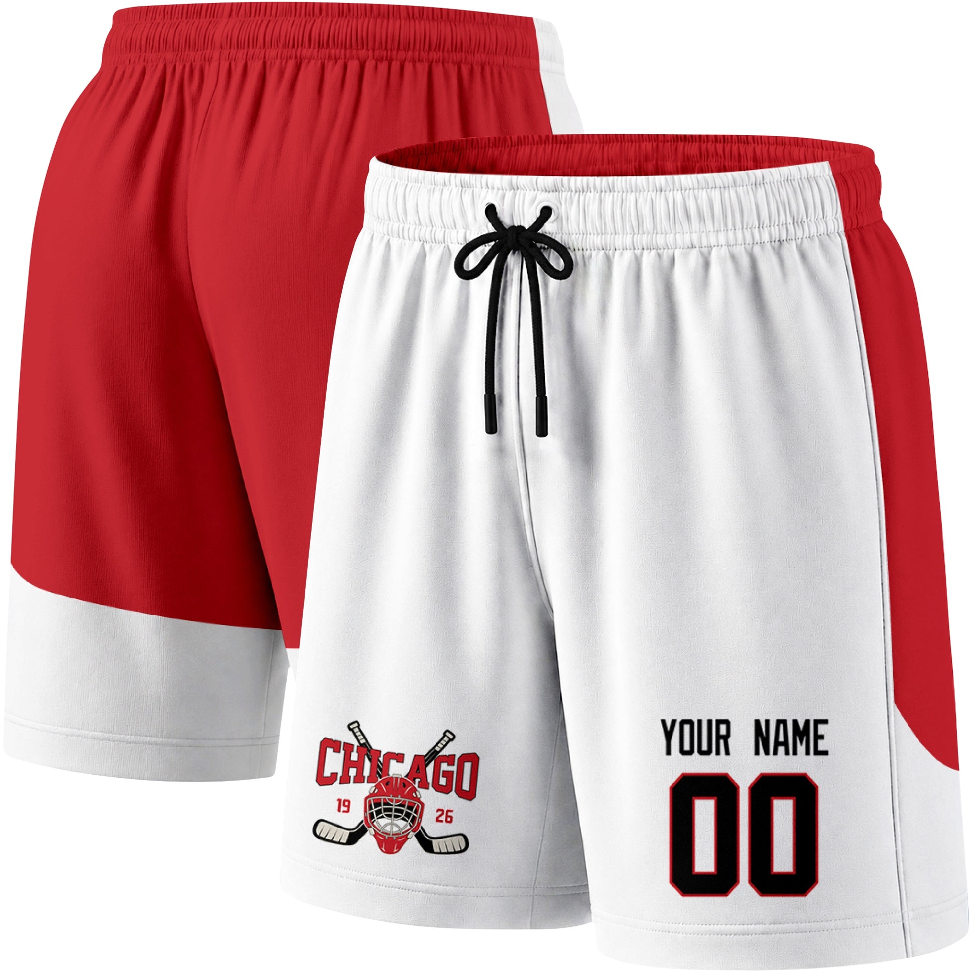 White color variation hockey athletic shorts shown from front and back angle with elastic waistband and drawstring detail
