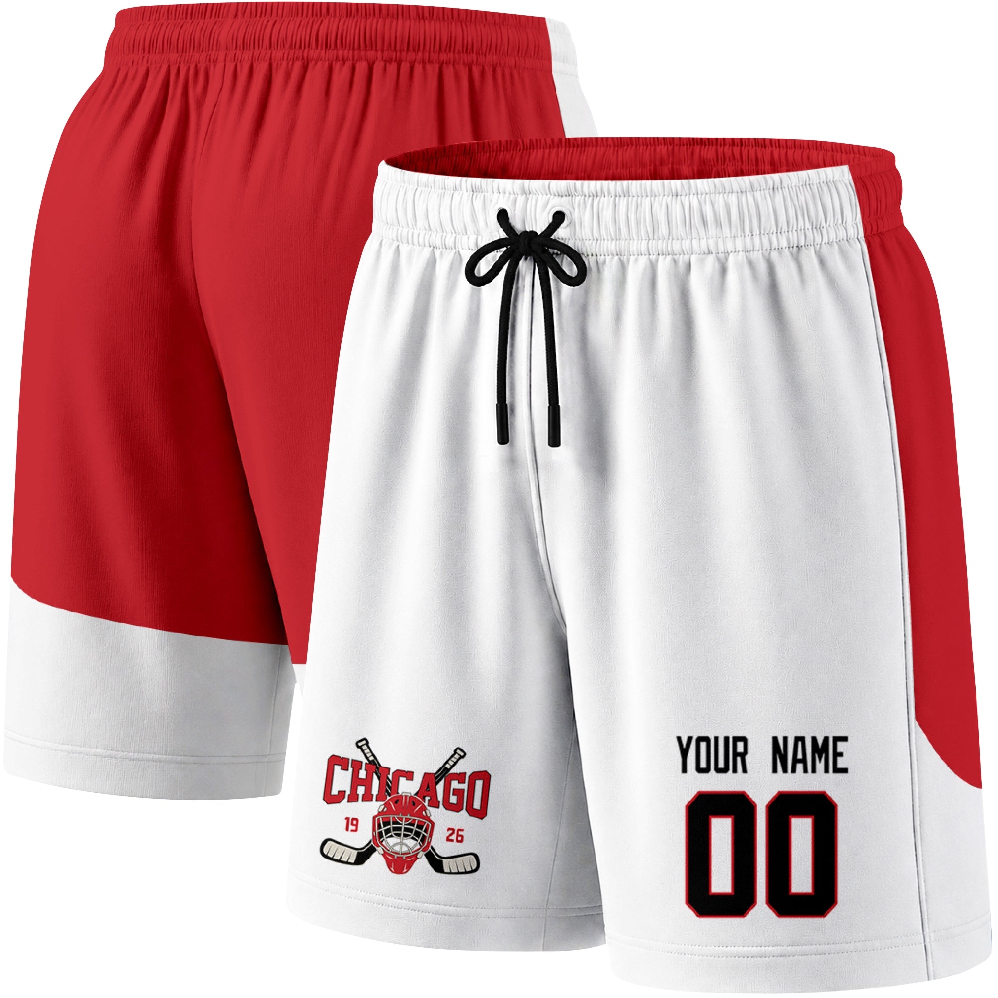 White color variation hockey athletic shorts shown from front and back angle with elastic waistband and drawstring detail