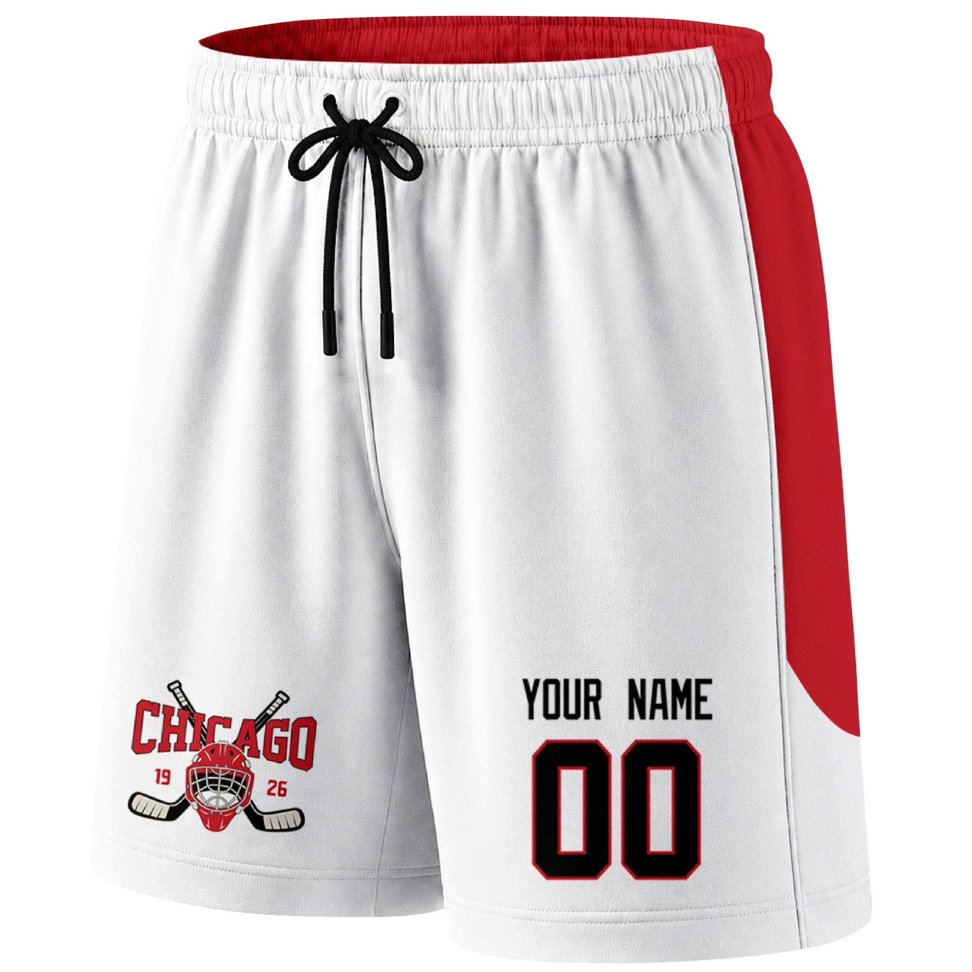 White Chicago-inspired hockey shorts front view with custom name and number print and hockey logo graphic