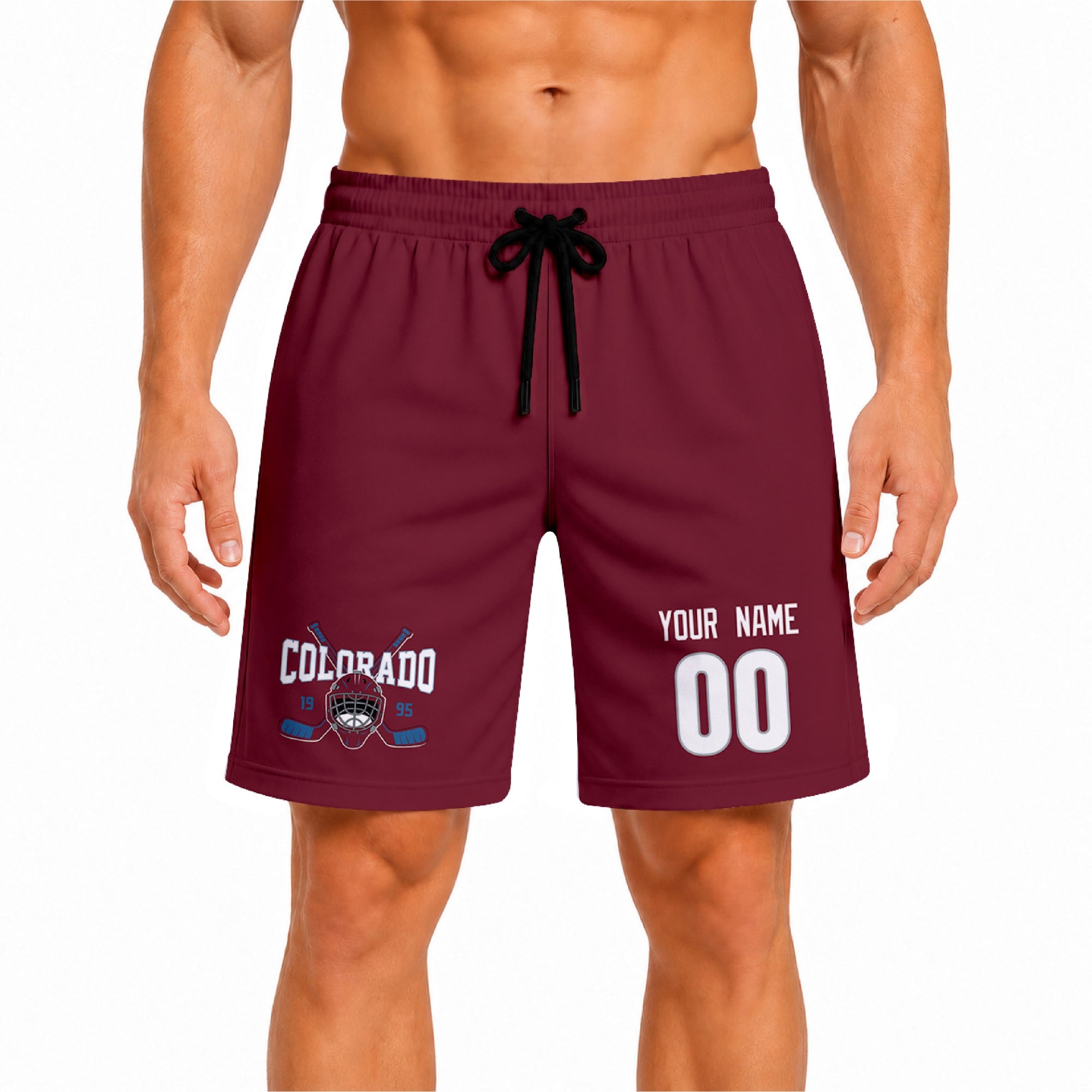 Burgundy Colorado-inspired hockey athletic shorts front view worn by male model, showcasing custom name, number, and team graphic