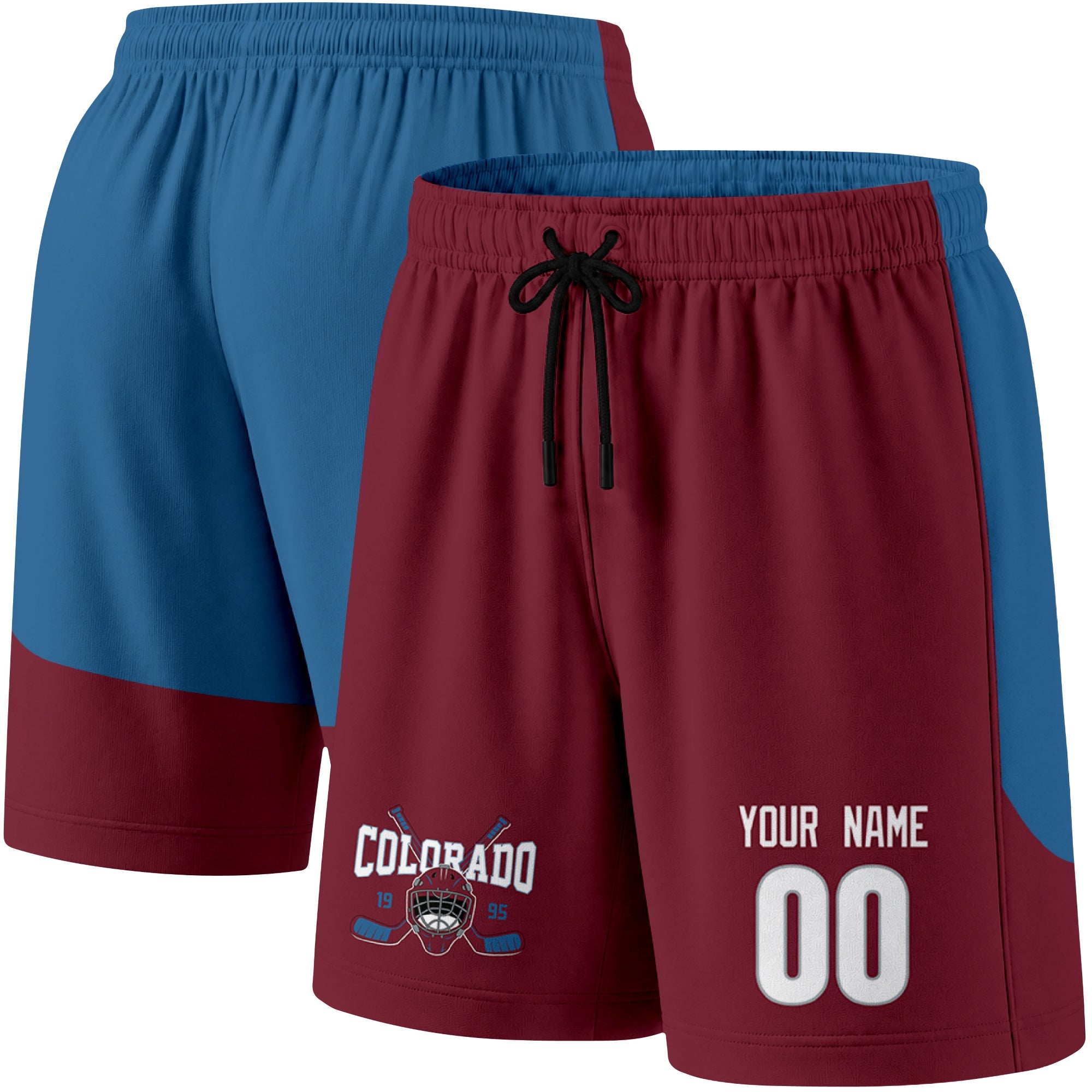 Burgundy color variation hockey athletic shorts shown from front and back angle with elastic waistband and drawstring detail