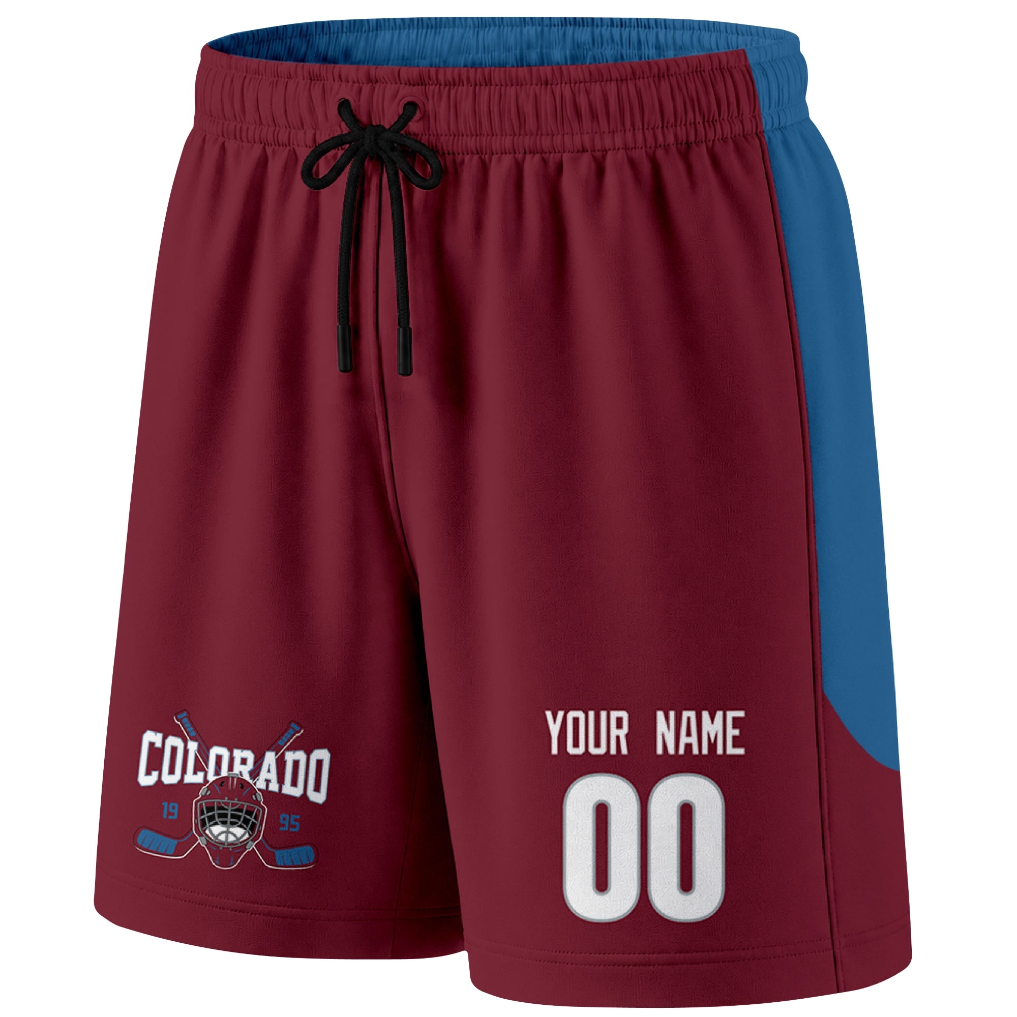 Burgundy Colorado-inspired hockey shorts front view with custom name and number print and hockey logo graphic