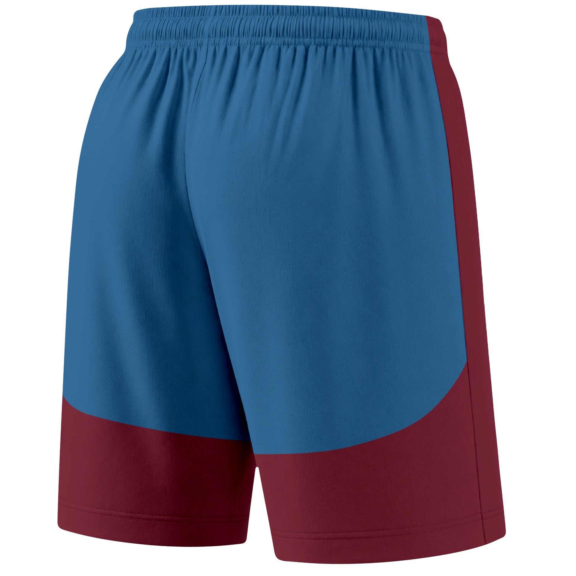 Burgundy color block hockey athletic shorts back and angled view highlighting breathable fabric and athletic fit design