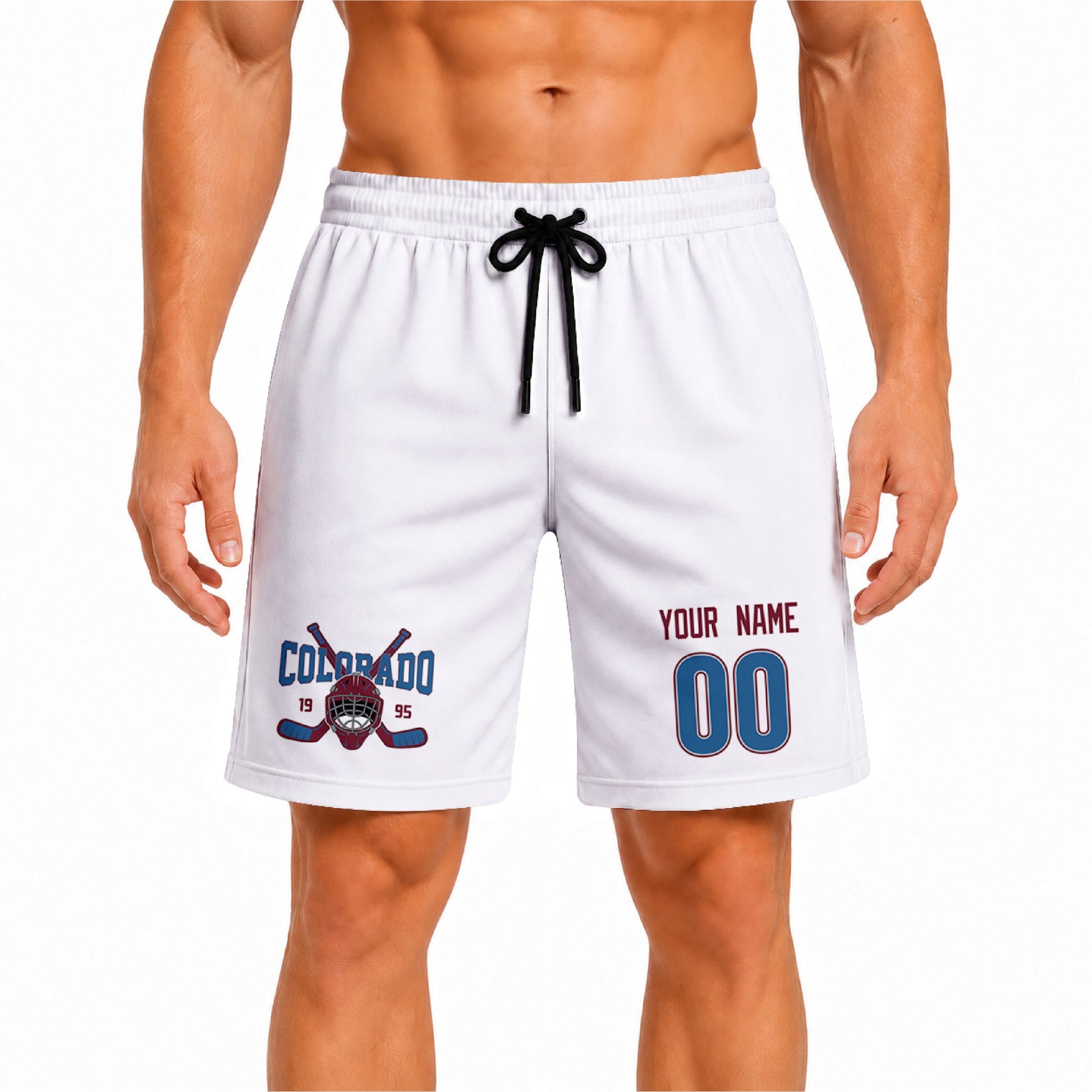 White Colorado-inspired hockey athletic shorts front view worn by male model, showcasing custom name, number, and team graphic