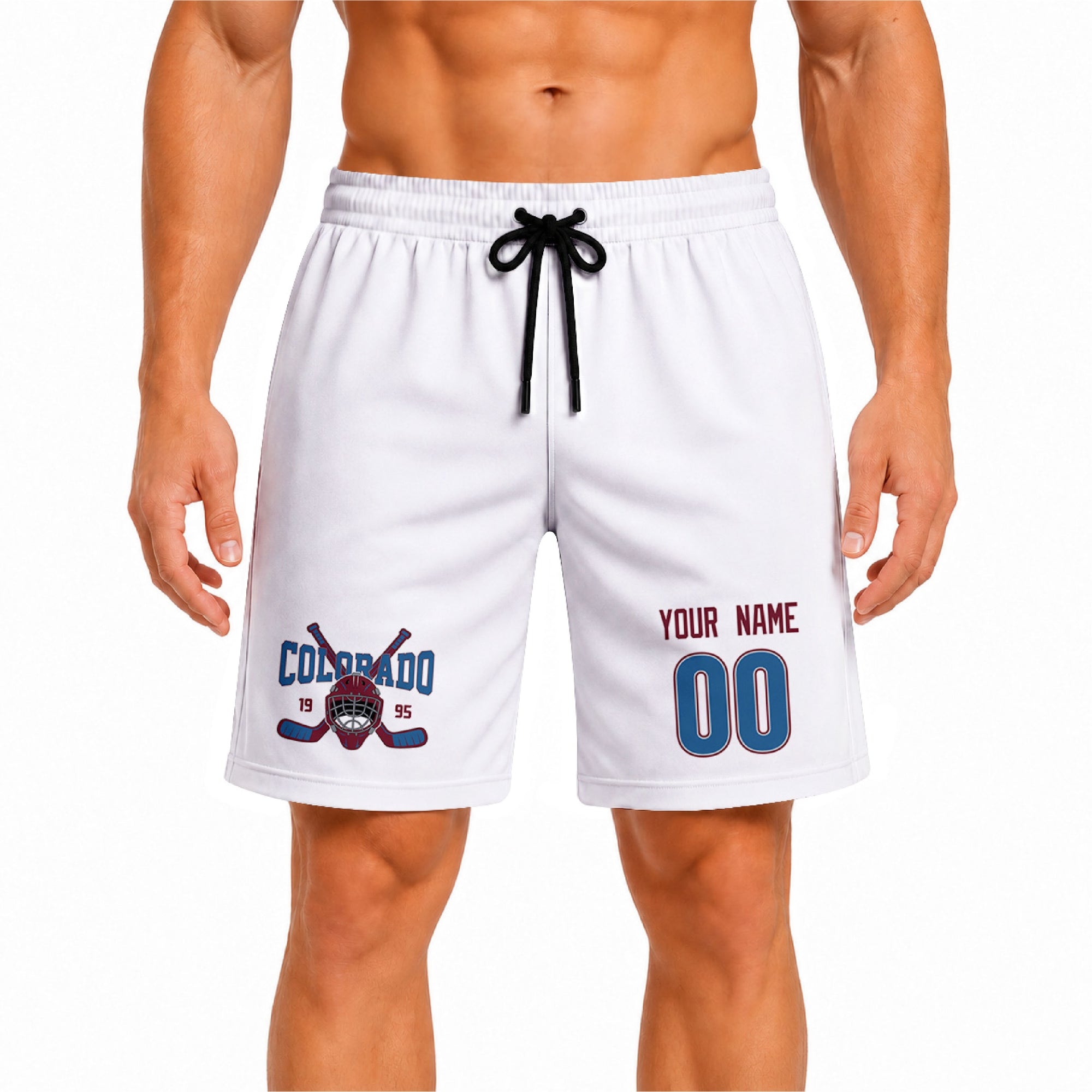 White Colorado-inspired hockey athletic shorts front view worn by male model, showcasing custom name, number, and team graphic