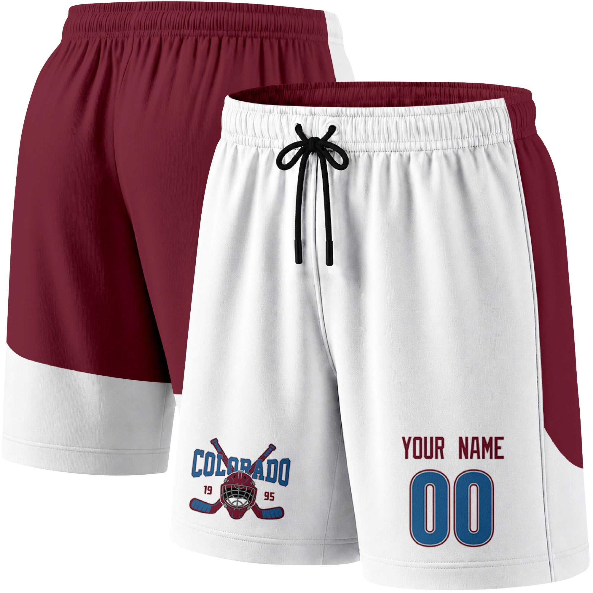 White color variation hockey athletic shorts shown from front and back angle with elastic waistband and drawstring detail