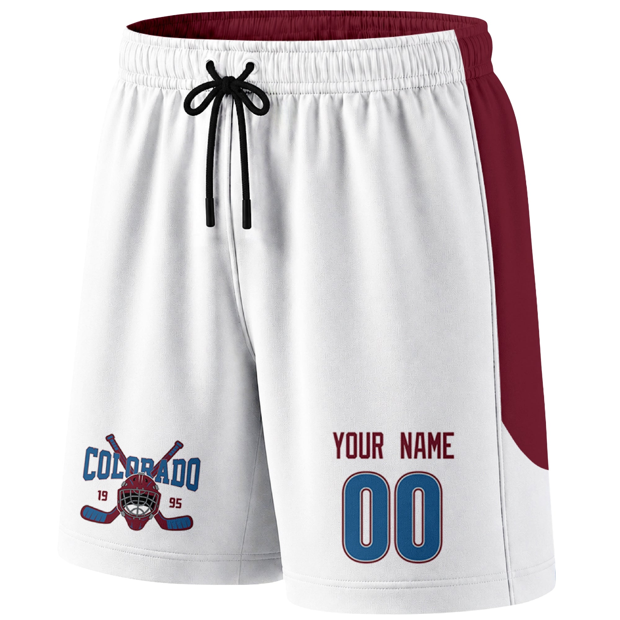 White Colorado-inspired hockey shorts front view with custom name and number print and hockey logo graphic