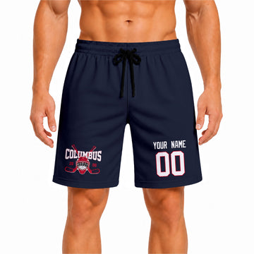 Navy Columbus-inspired hockey athletic shorts front view worn by male model, showcasing custom name, number, and team graphic