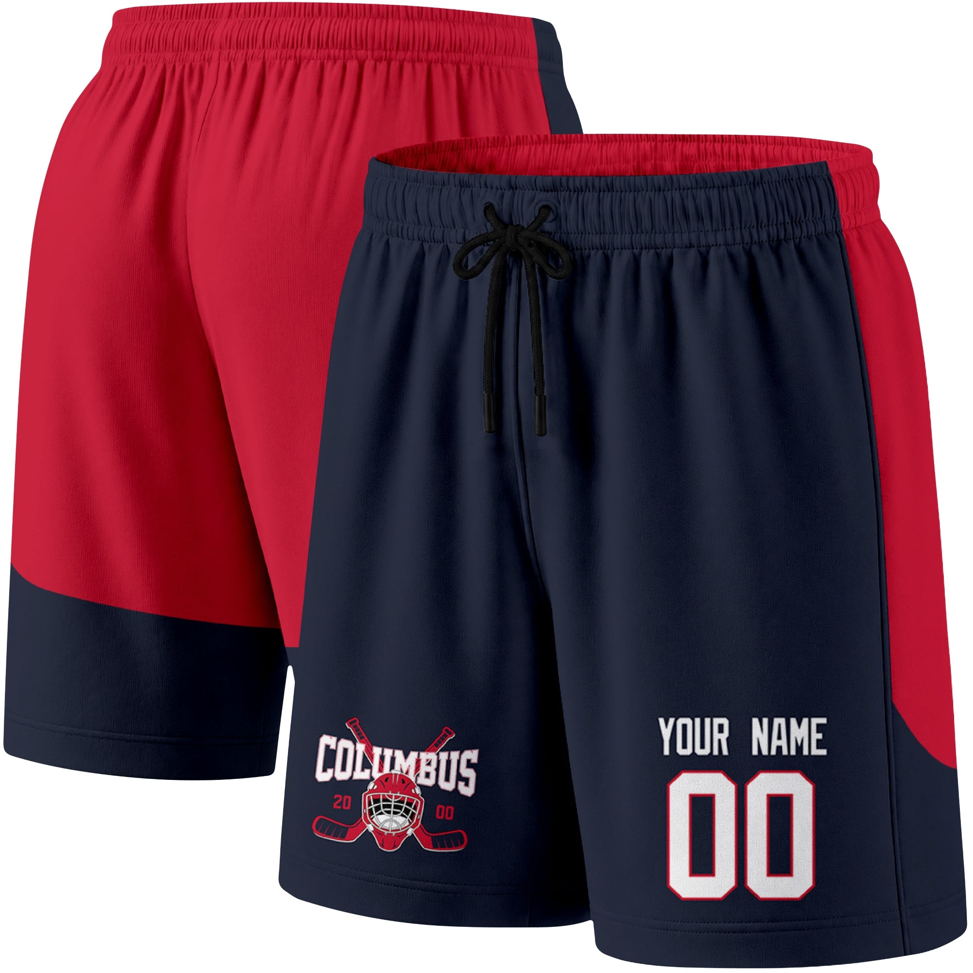 Navy color variation hockey athletic shorts shown from front and back angle with elastic waistband and drawstring detail