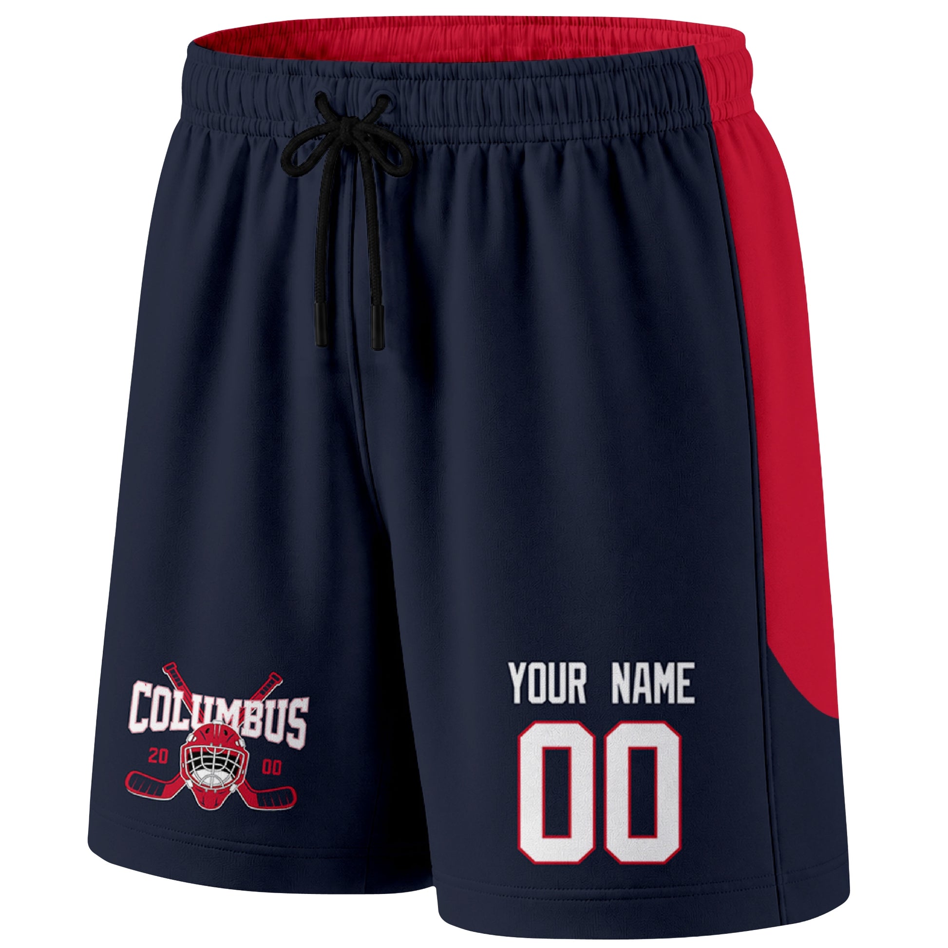 Navy Columbus-inspired hockey shorts front view with custom name and number print and hockey logo graphic