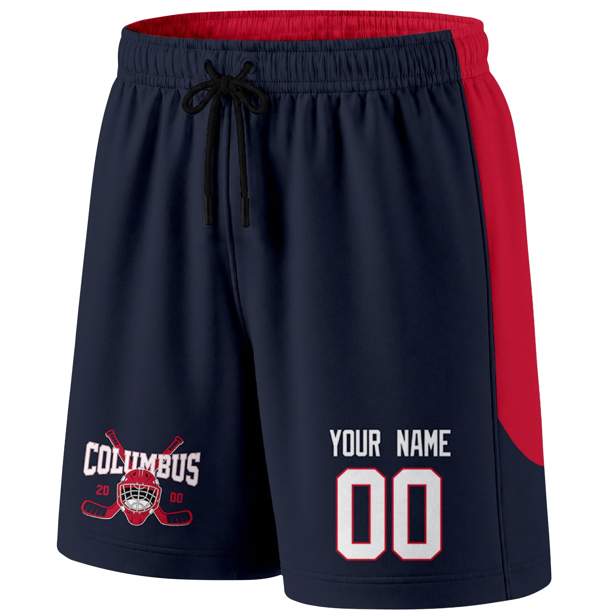 Navy Columbus-inspired hockey shorts front view with custom name and number print and hockey logo graphic