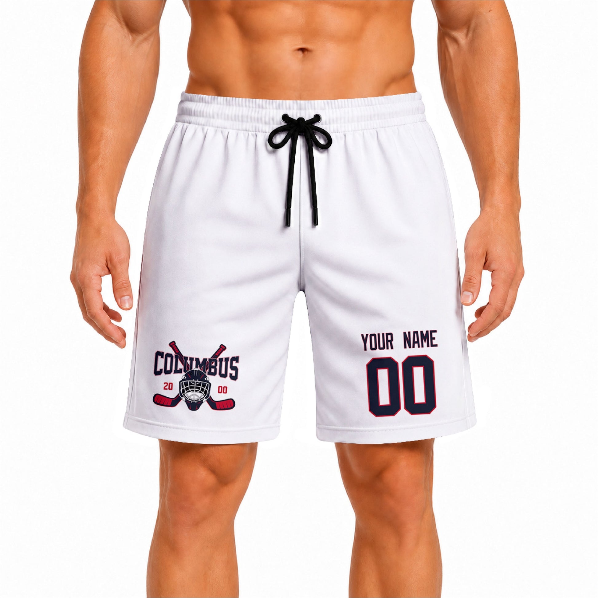 White Columbus-inspired hockey athletic shorts front view worn by male model, showcasing custom name, number, and team graphic