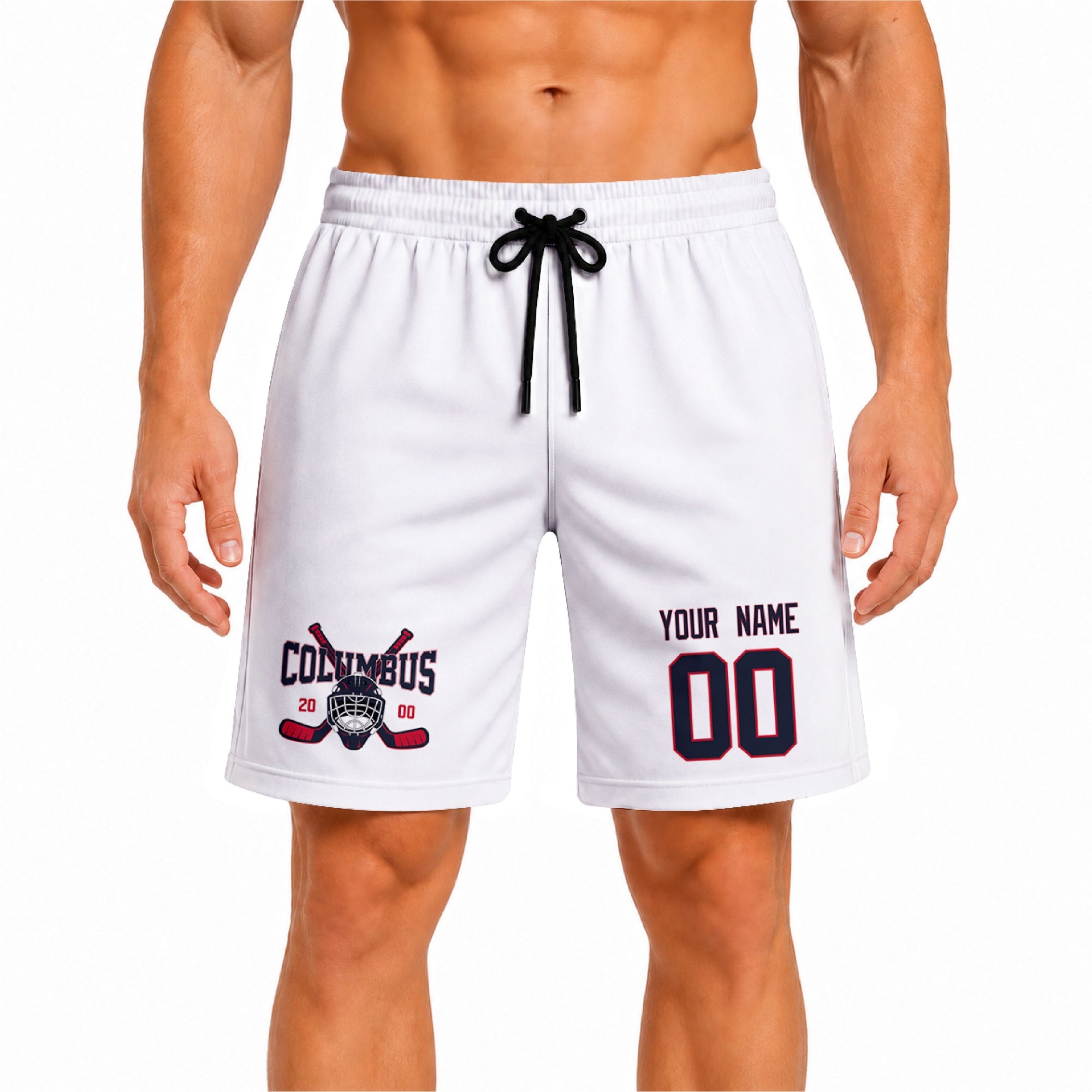 White Columbus-inspired hockey athletic shorts front view worn by male model, showcasing custom name, number, and team graphic