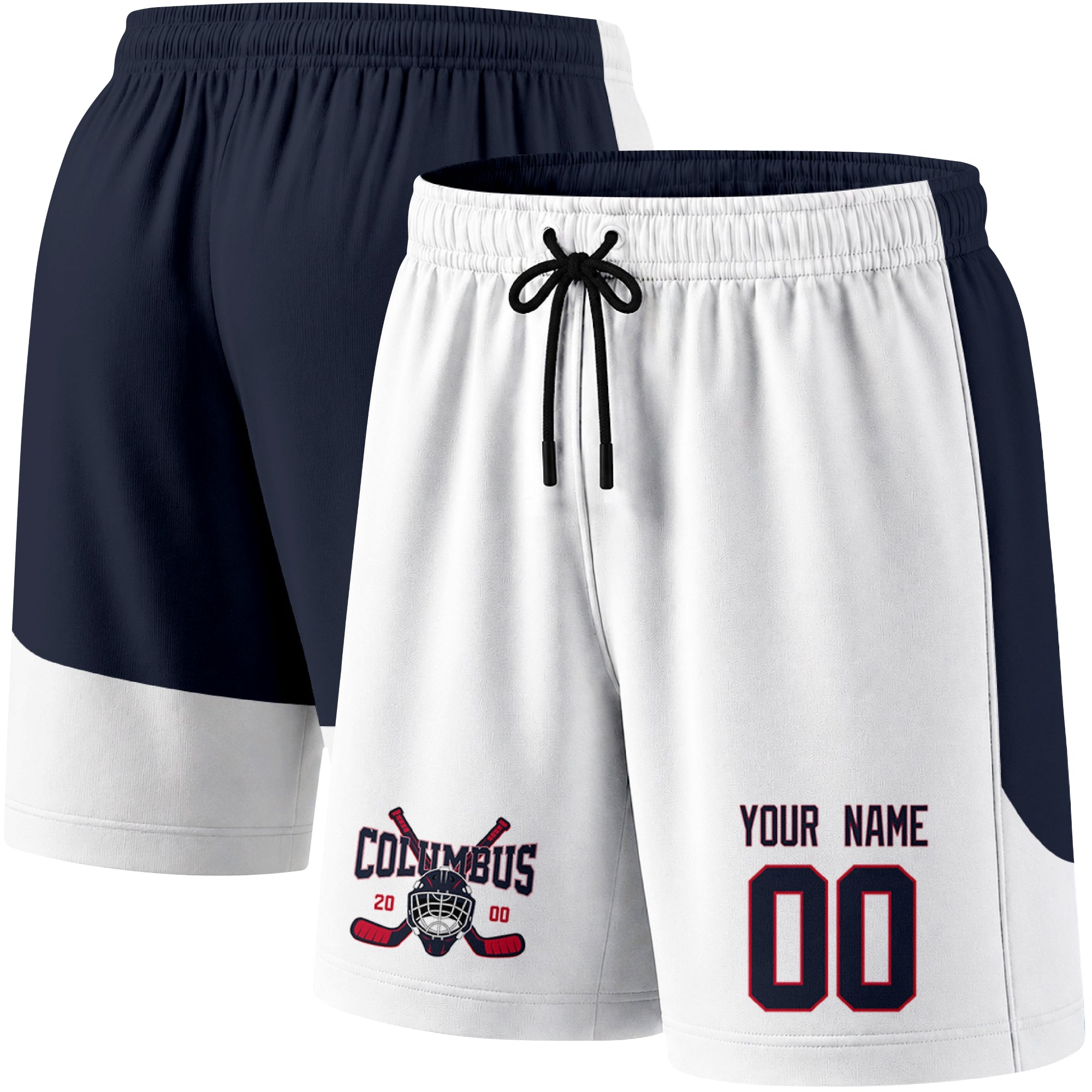 White color variation hockey athletic shorts shown from front and back angle with elastic waistband and drawstring detail