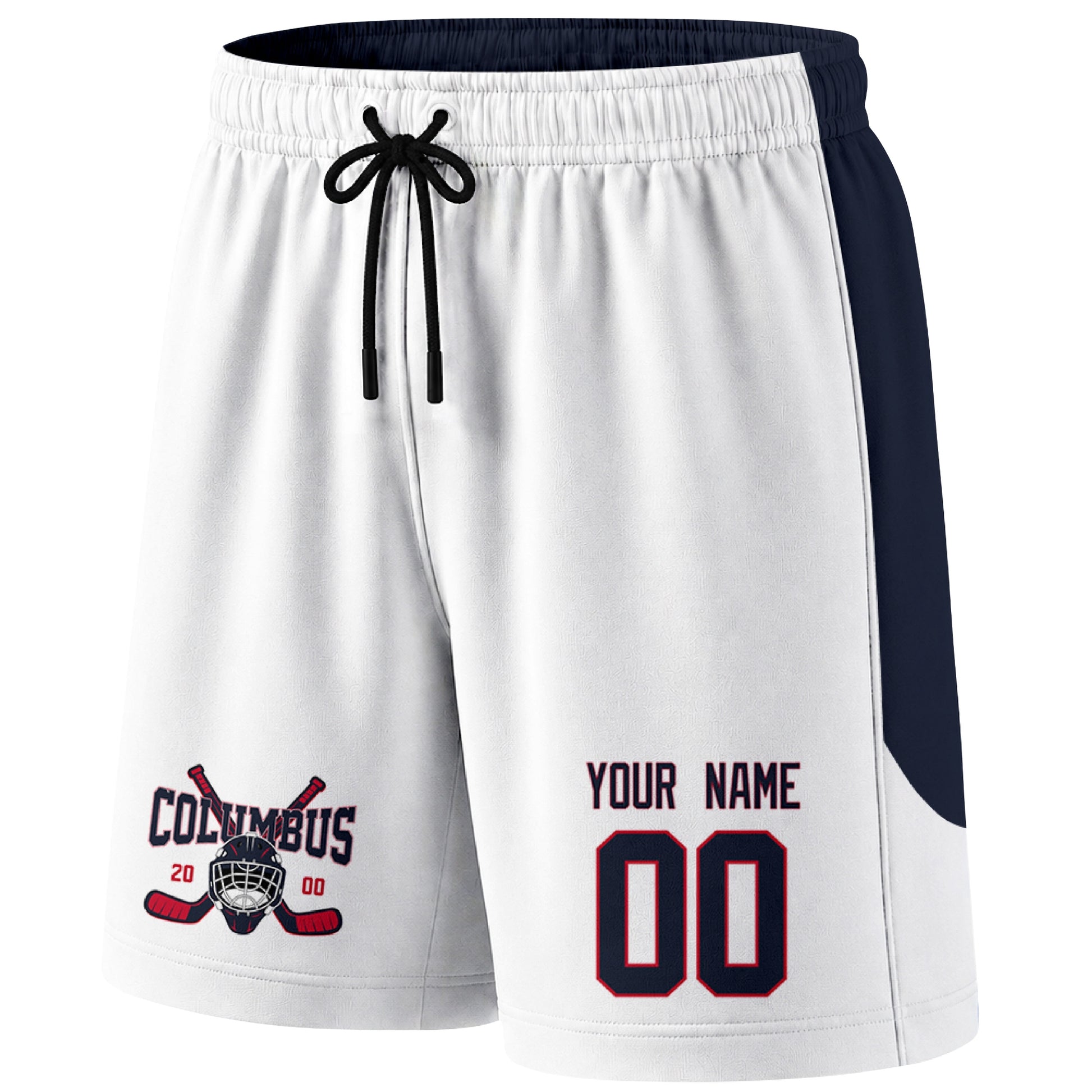 White Columbus-inspired hockey shorts front view with custom name and number print and hockey logo graphic