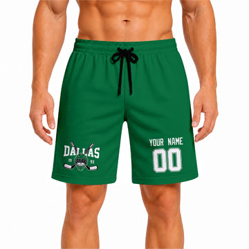Green Dallas-inspired hockey athletic shorts front view worn by male model, showcasing custom name, number, and team graphic