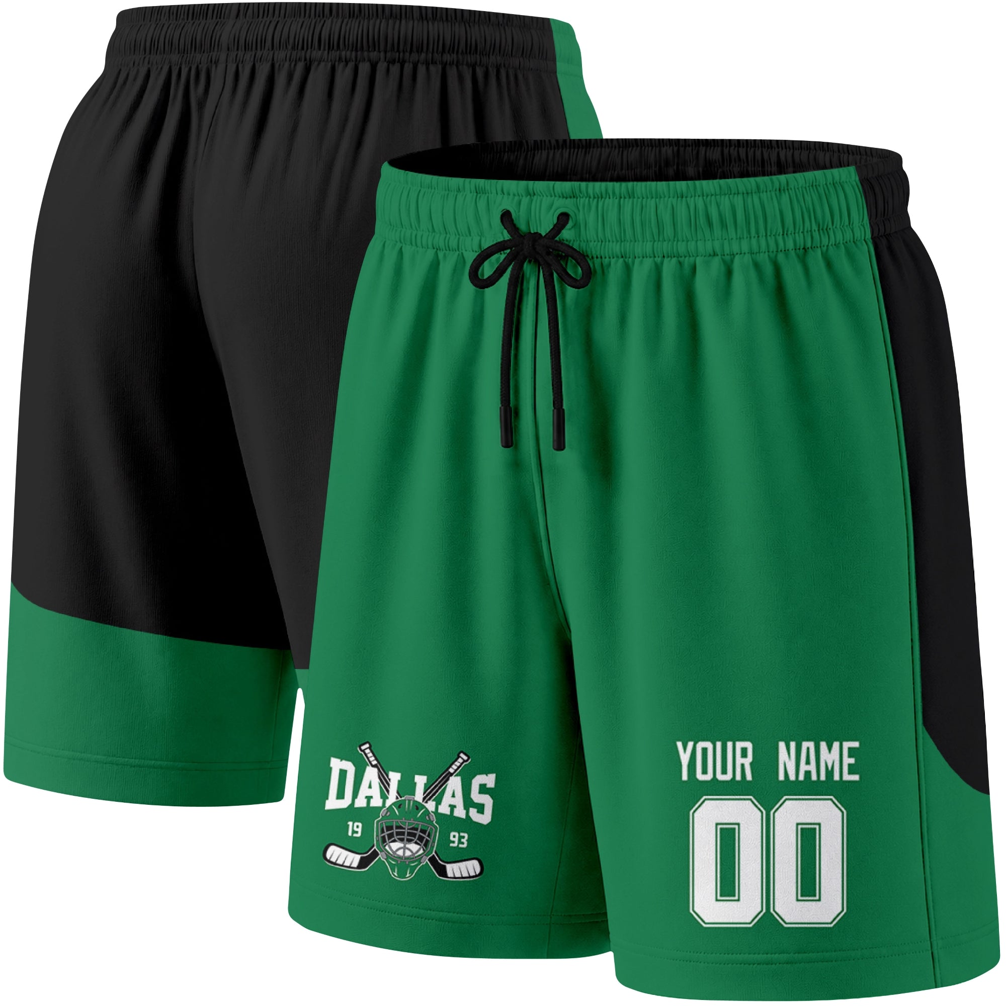 Green color variation hockey athletic shorts shown from front and back angle with elastic waistband and drawstring detail