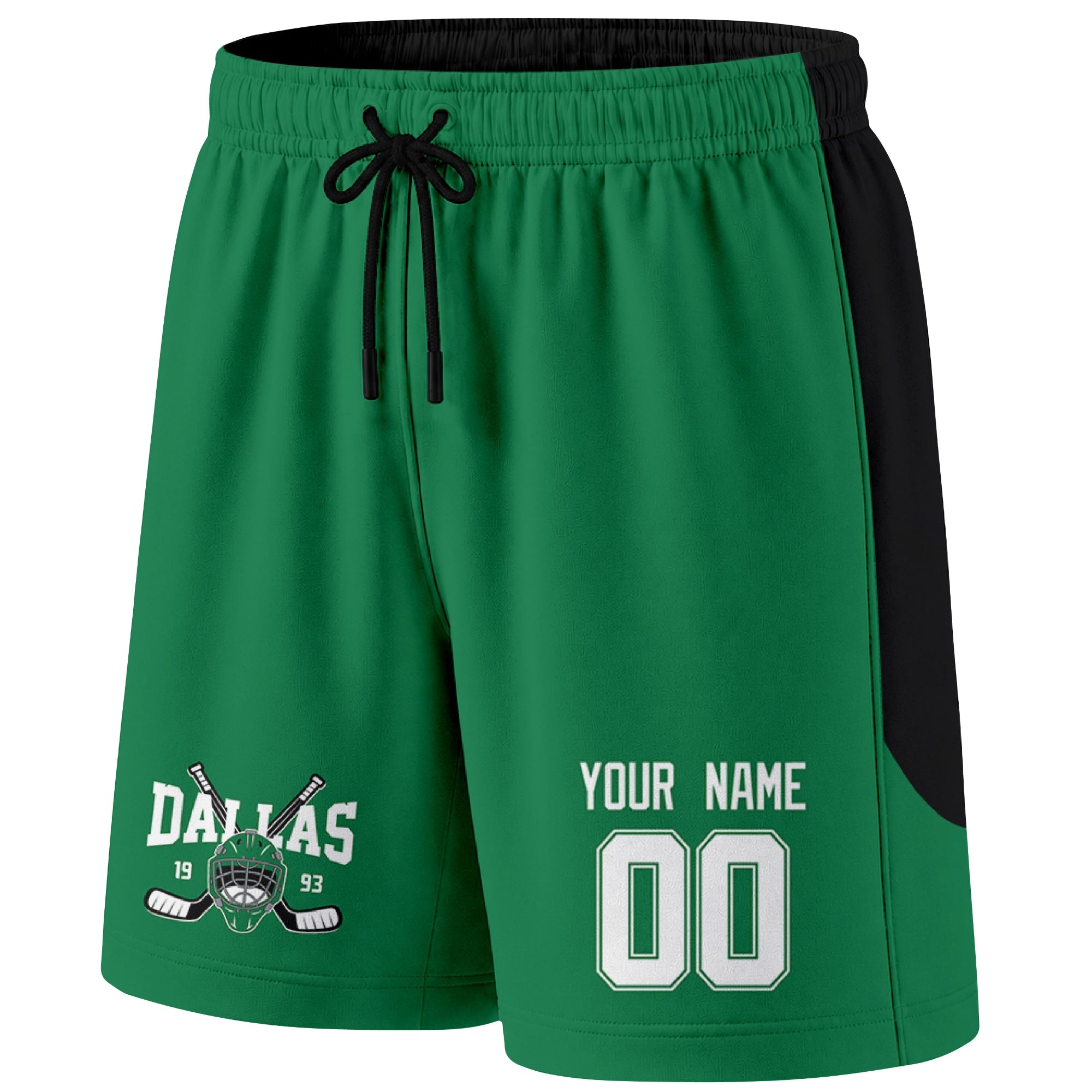 Green Dallas-inspired hockey shorts front view with custom name and number print and hockey logo graphic