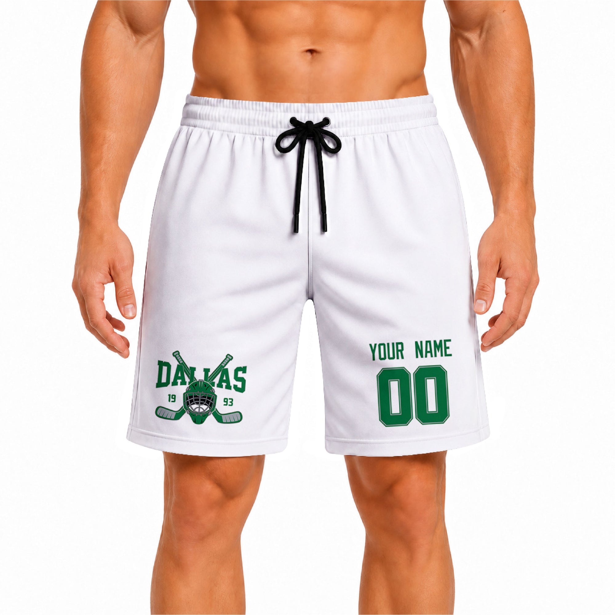 White Dallas-inspired hockey athletic shorts front view worn by male model, showcasing custom name, number, and team graphic