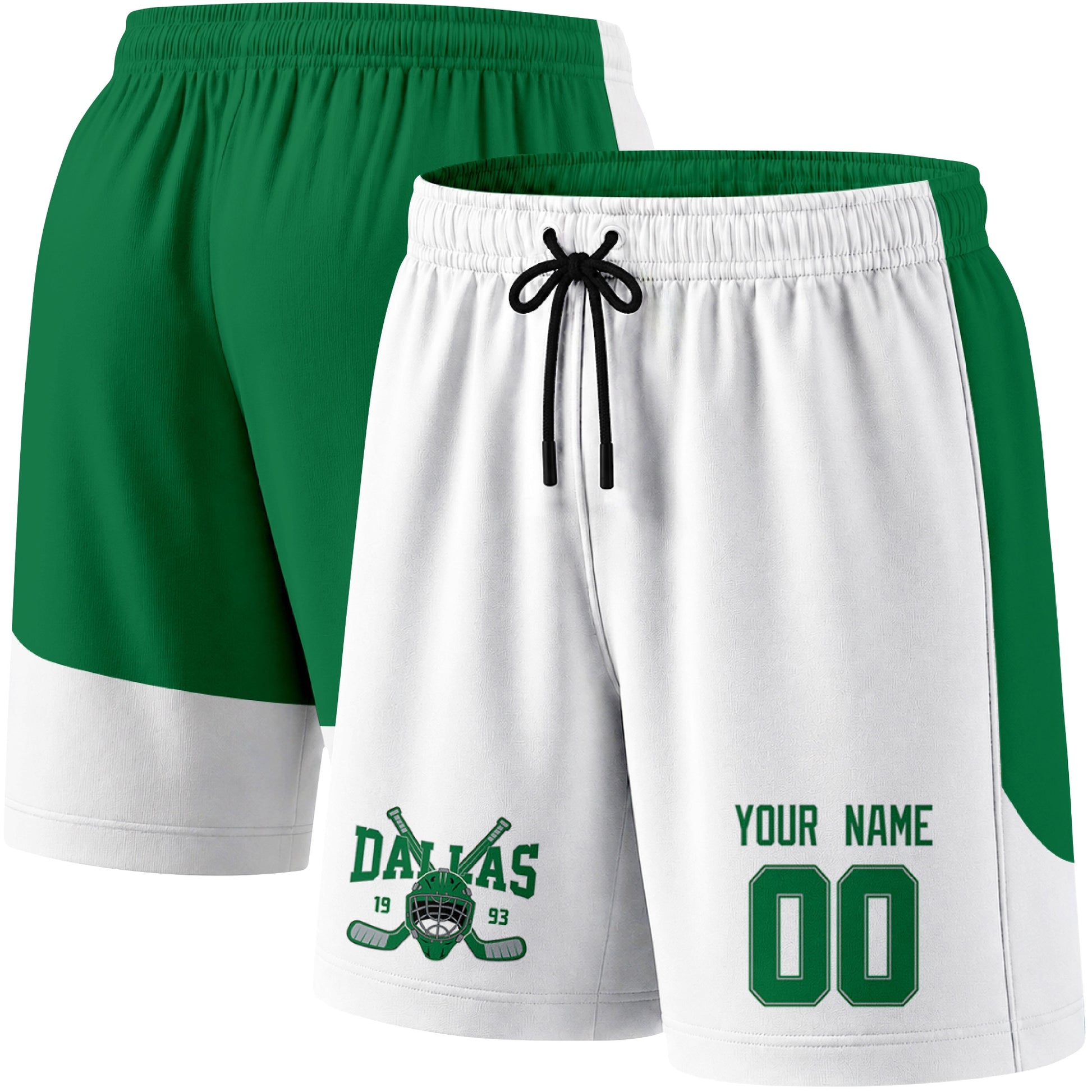 White color variation hockey athletic shorts shown from front and back angle with elastic waistband and drawstring detail