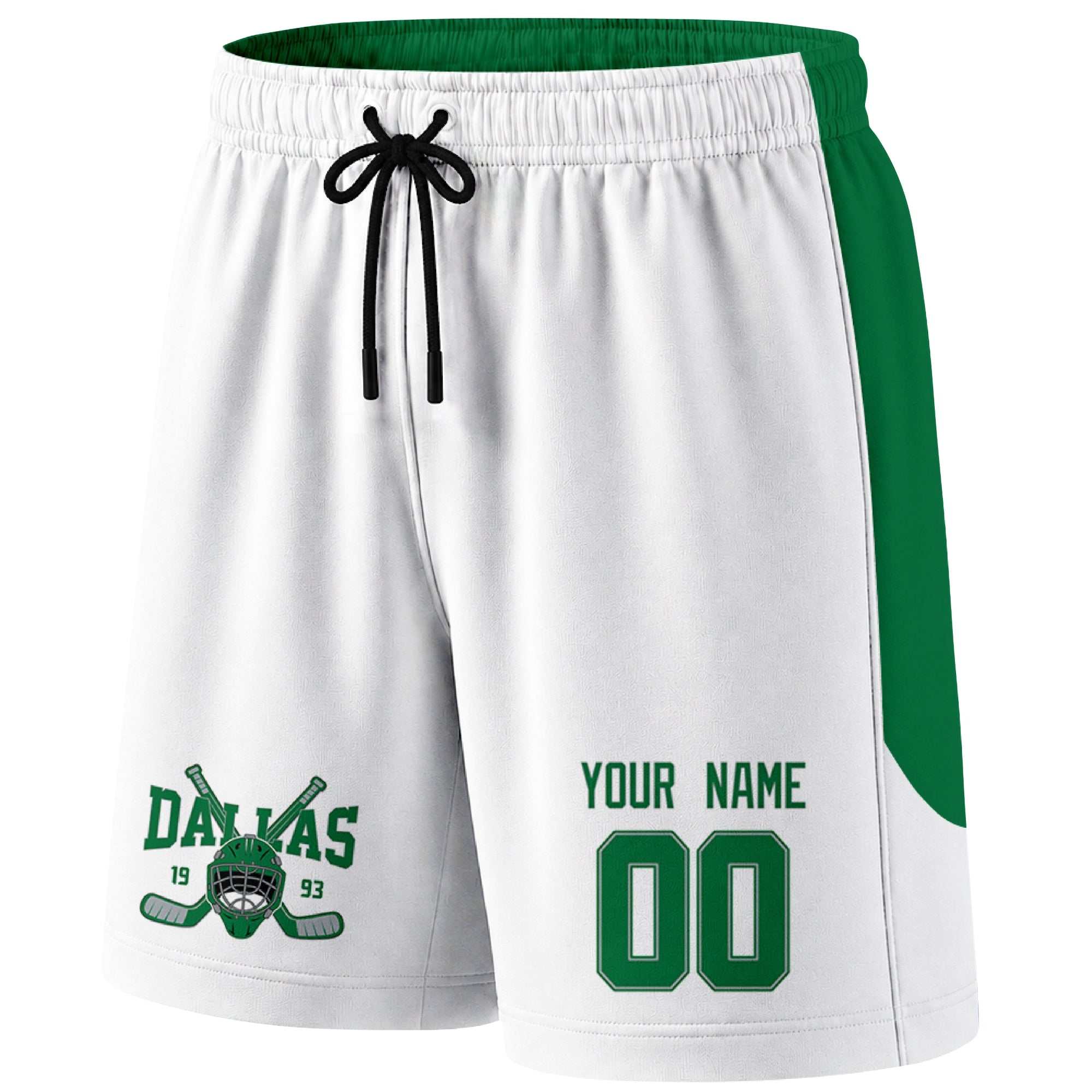 White Dallas-inspired hockey shorts front view with custom name and number print and hockey logo graphic